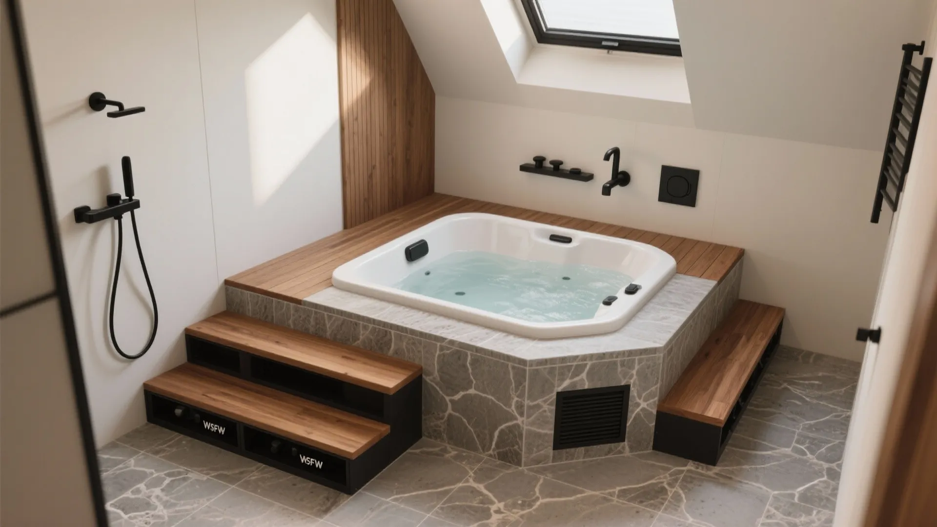 Modern bathroom featuring square bathtub with wooden steps, black shower head, and roof window lighting
