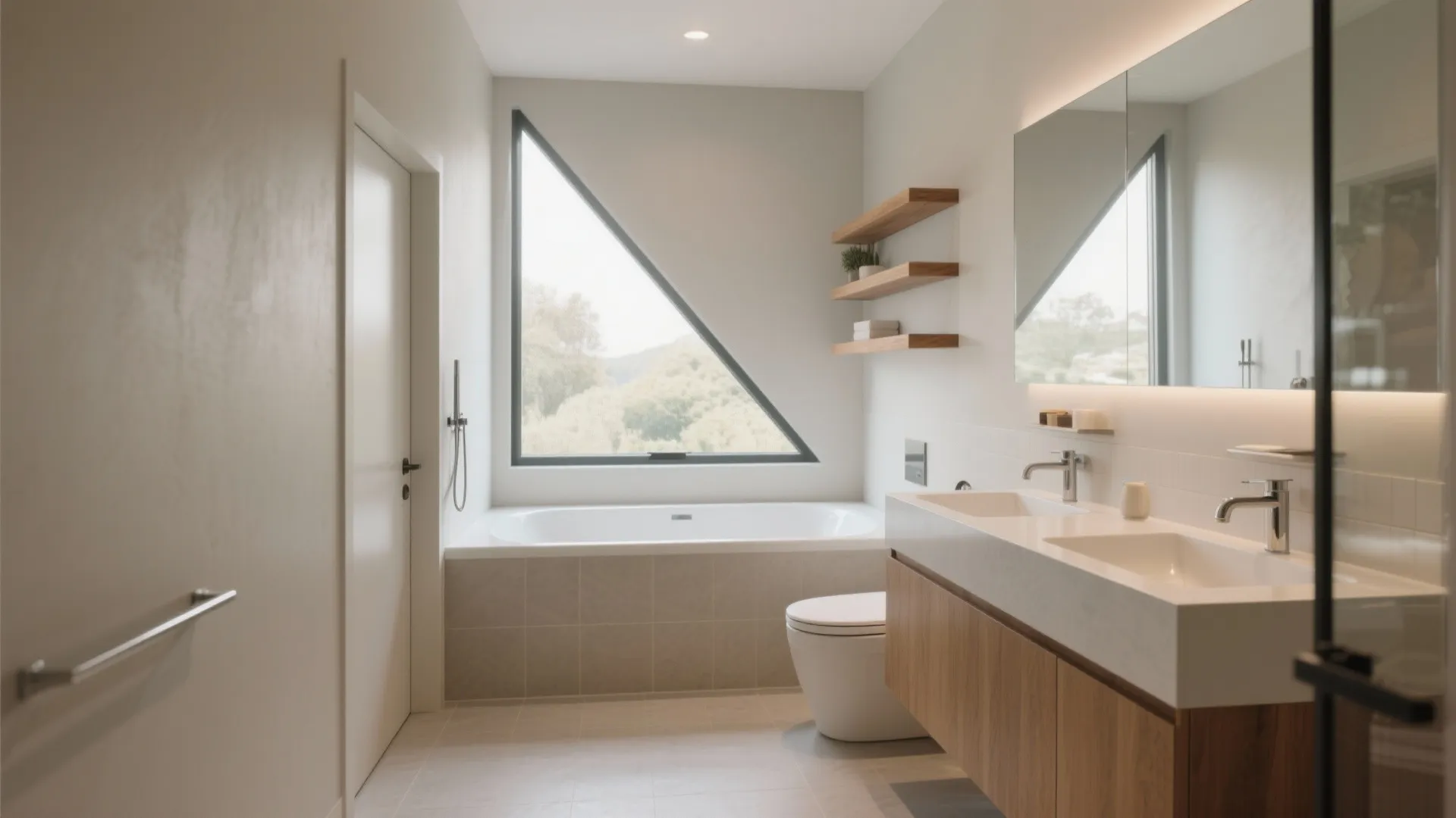 Corner Jacuzzi tub creates open circulation with a slim vanity and window light.
