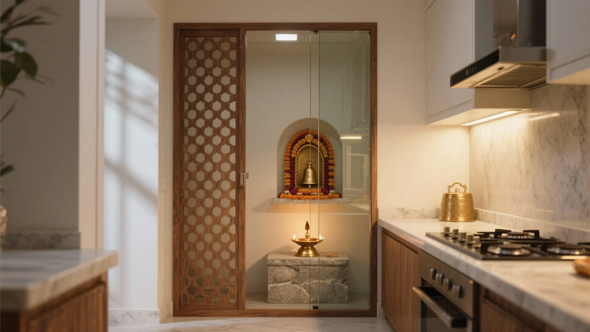 A Breezy Corner Mandir with Jali Screen Separation