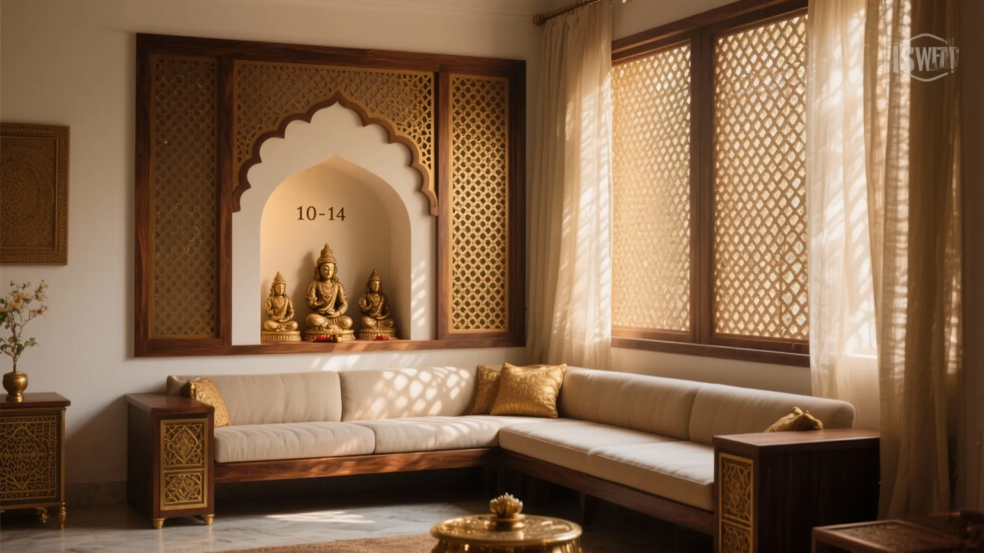 Traditional living room featuring a corner sofa wooden wall panels with statues and large windows