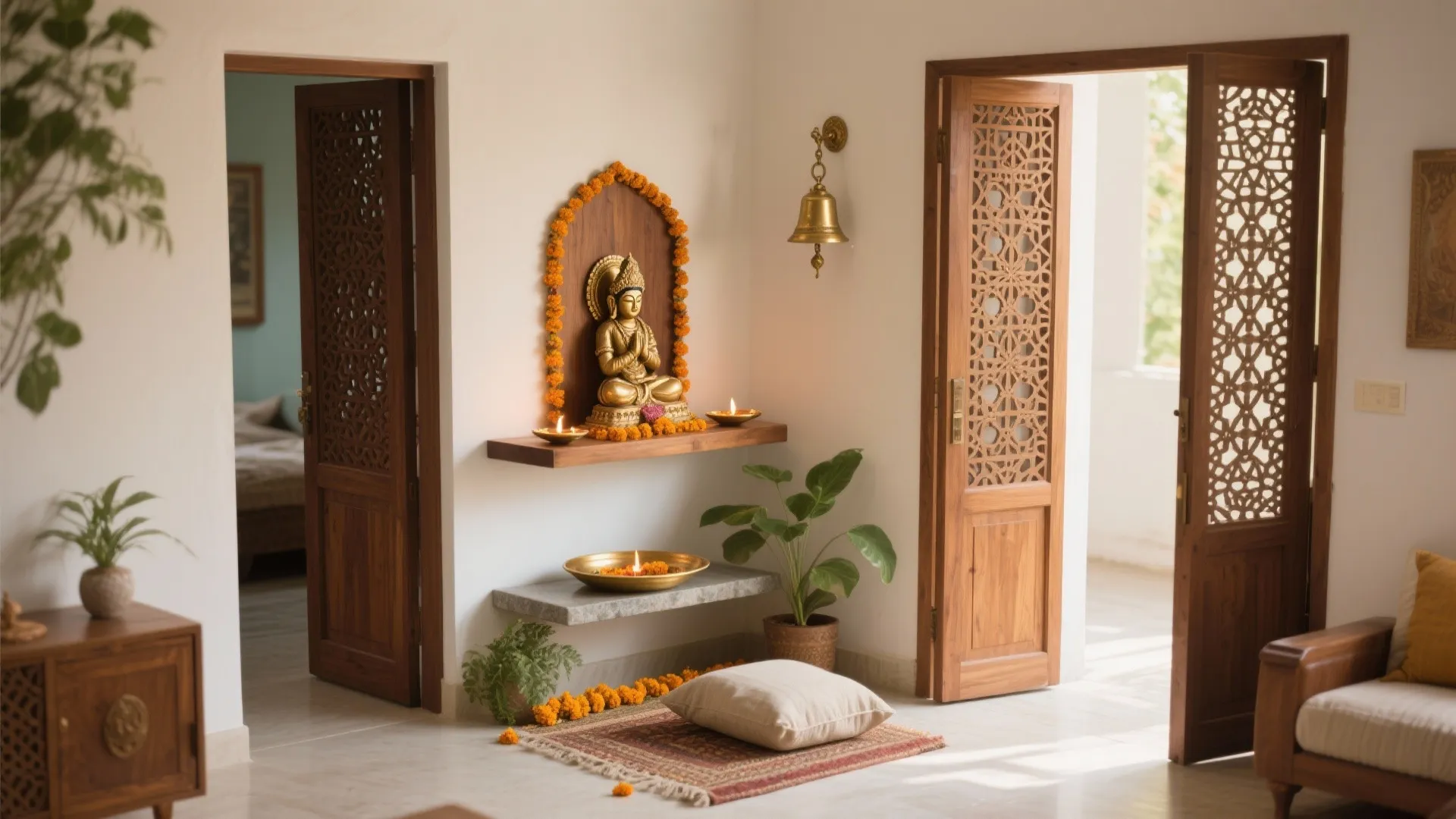 Corner pooja nook with an L-shaped shelf and slim sliding jali doors, styled for small spaces.