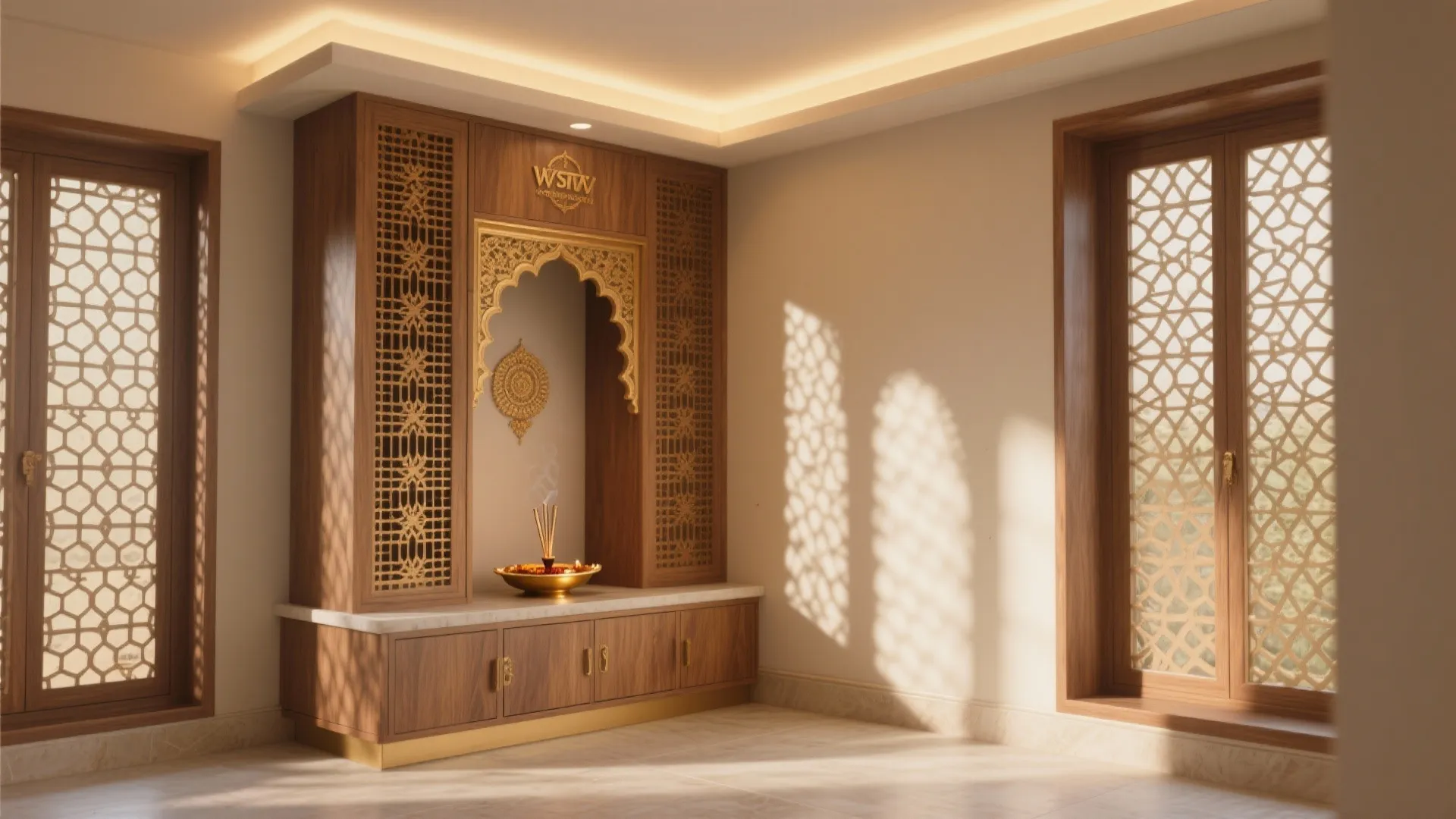 Corner Pooja Unit with Jali Screens