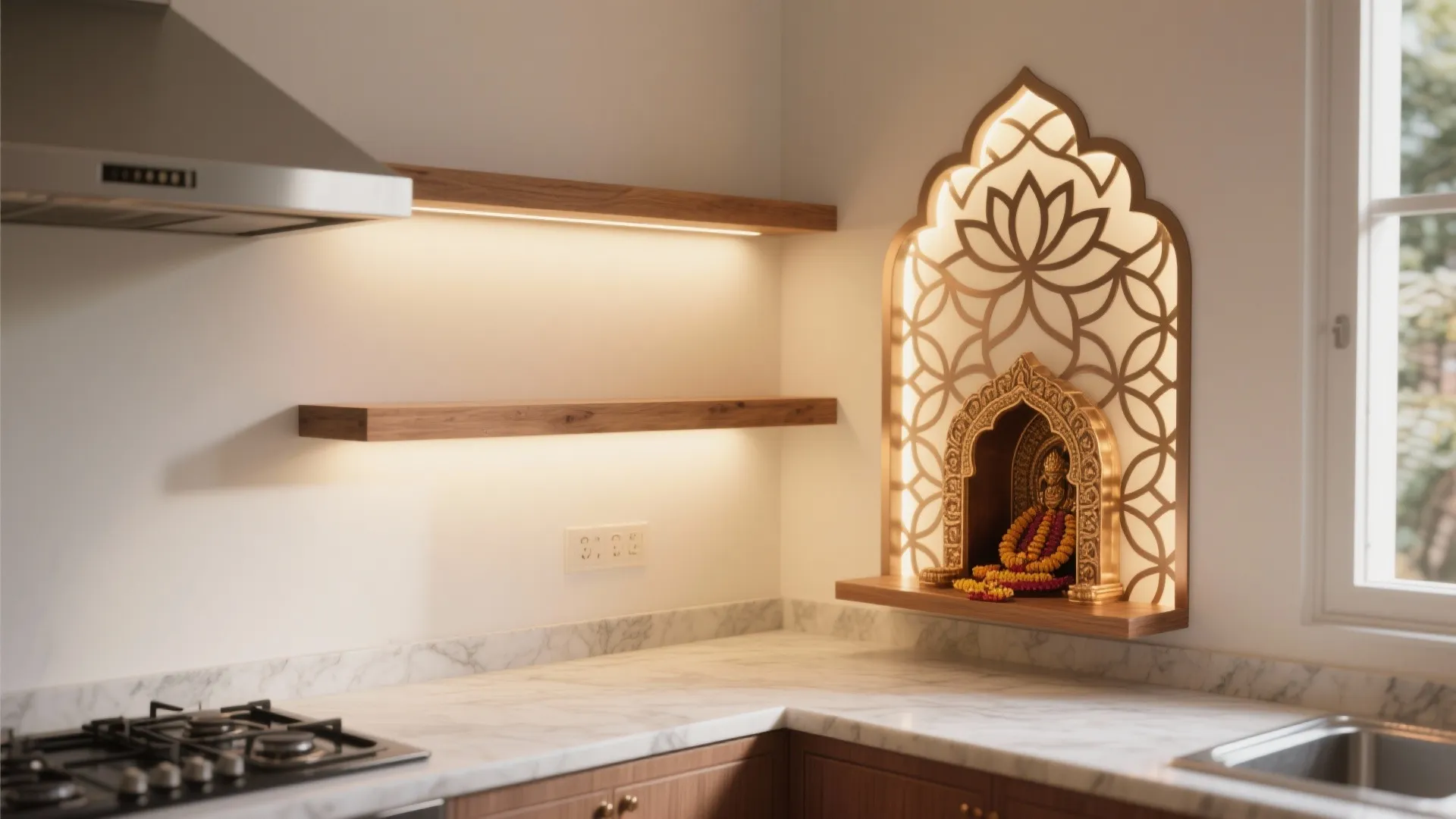 Modern kitchen corner with marble countertop wooden cabinets decorative backlit wall shelf and religious statue