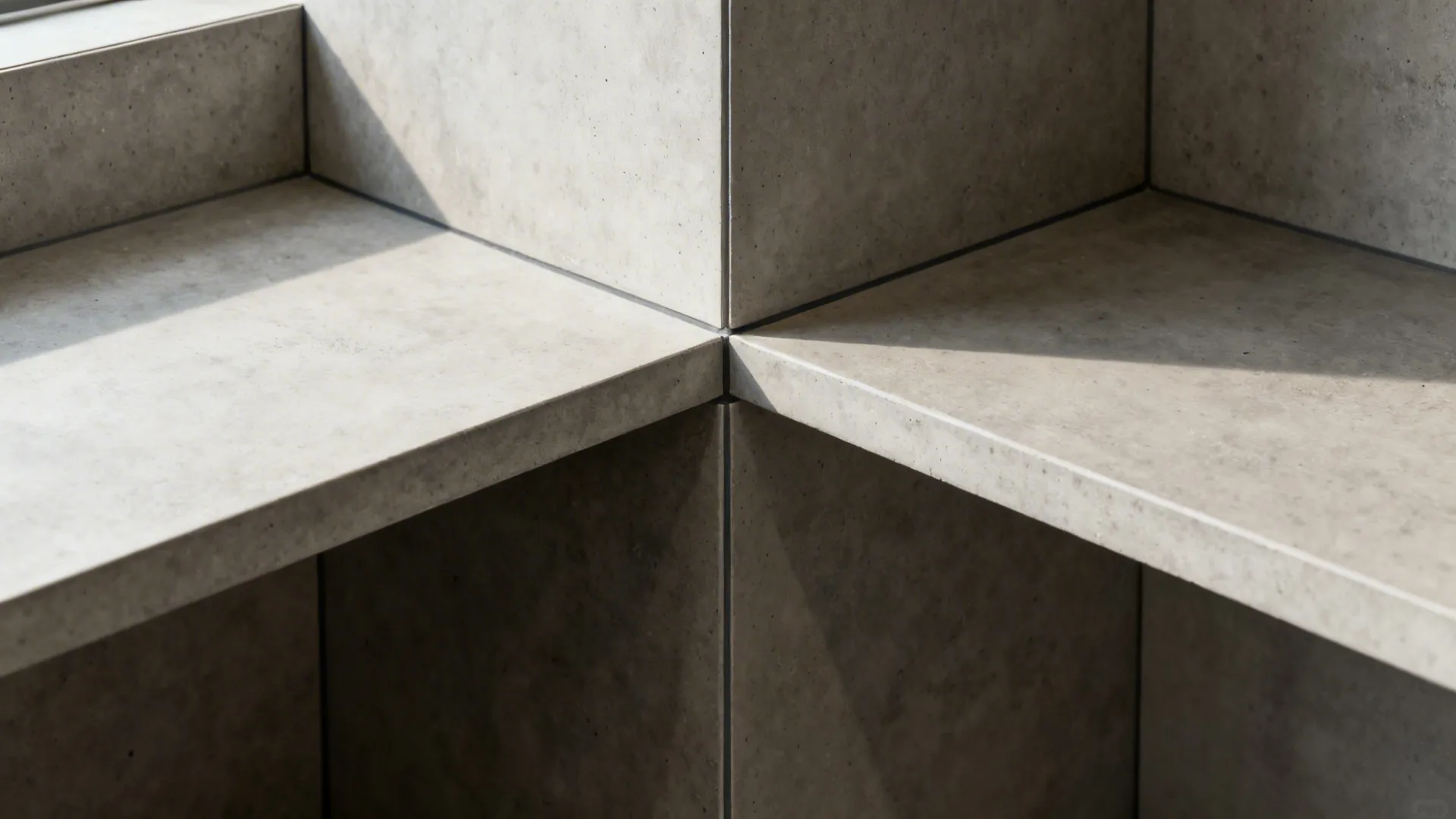 Macro of L-shaped concrete shelf junction with backsplash, showing tight fit and crisp edges.