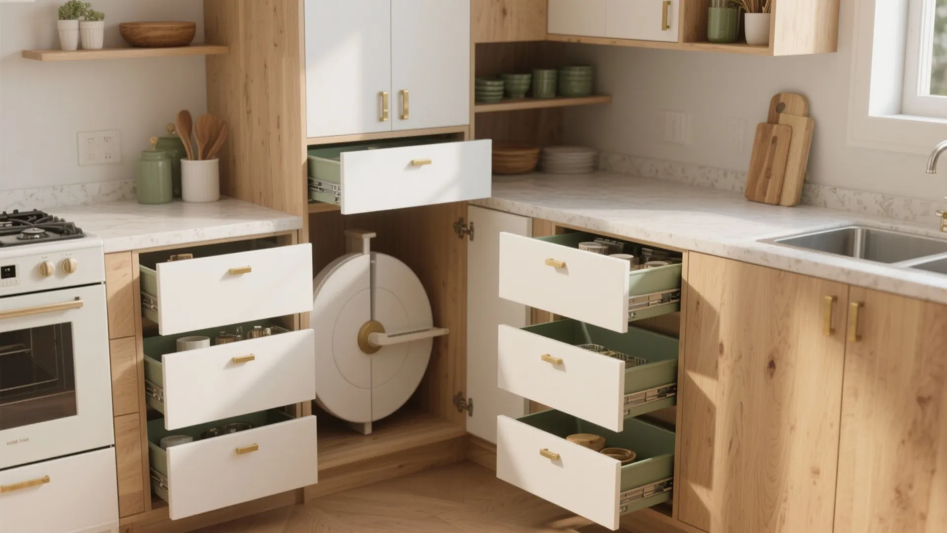 Modern kitchen corner with light wood cabinets white drawers marble countertop and a rotating shelf