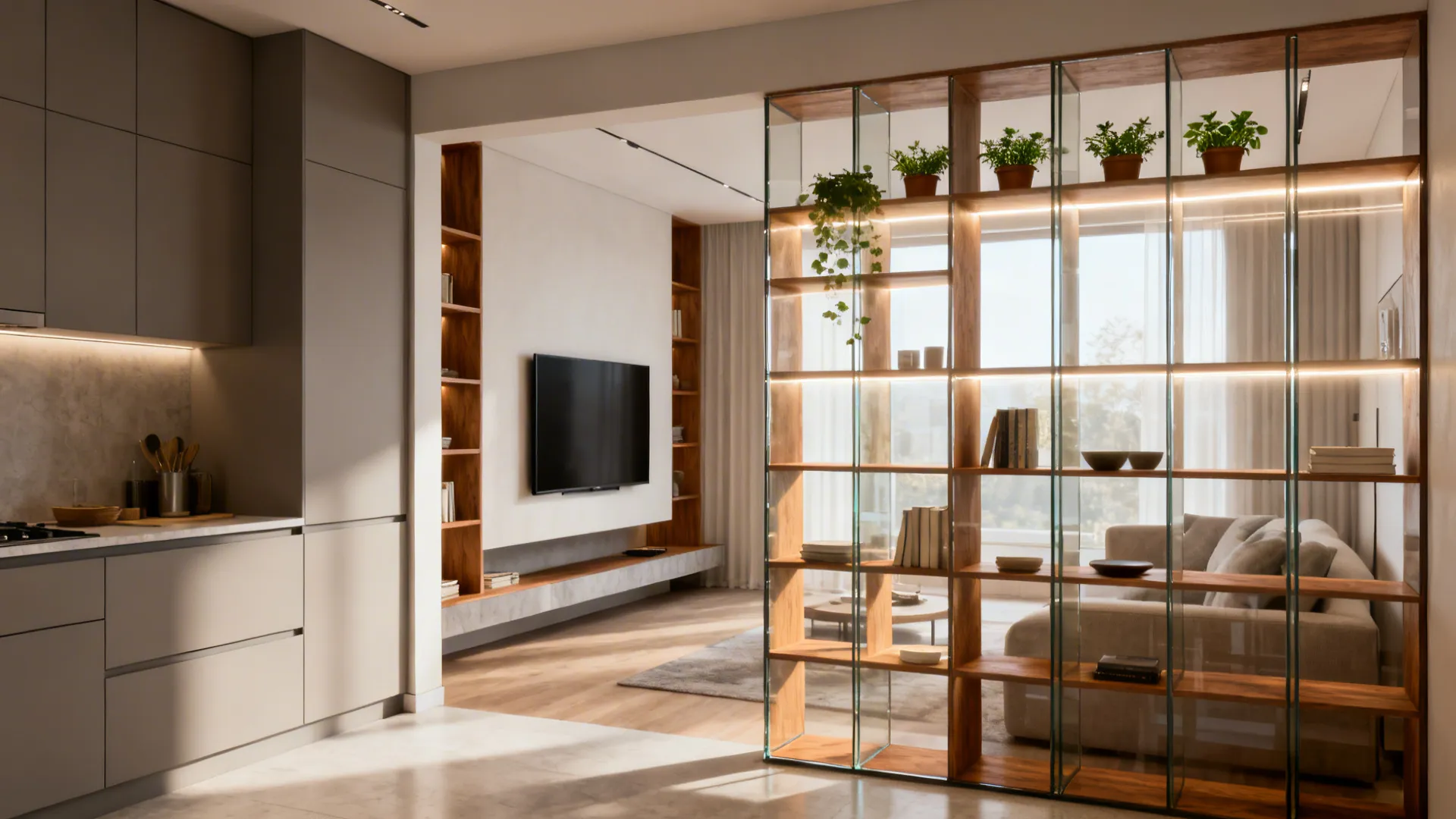L-shaped corner kitchen with a floating TV wall and open shelving divider topped with potted herbs