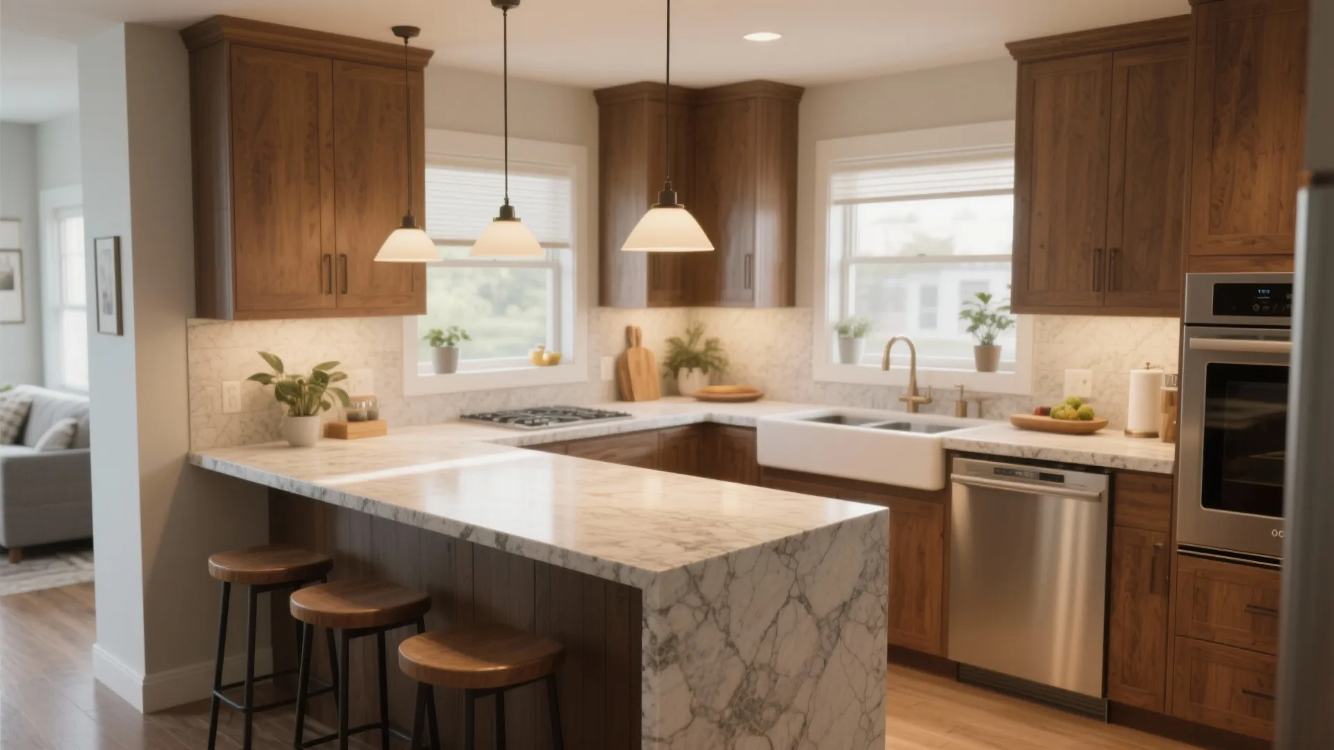 4. Corner kitchen with island for efficient flow