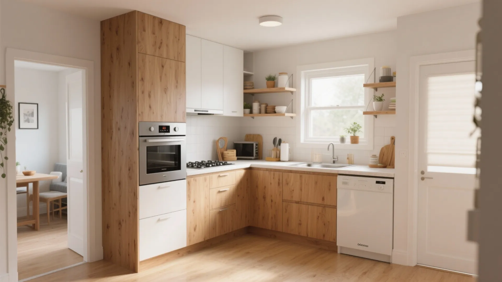 Compact L-shaped corner kitchen with wood and white finishes