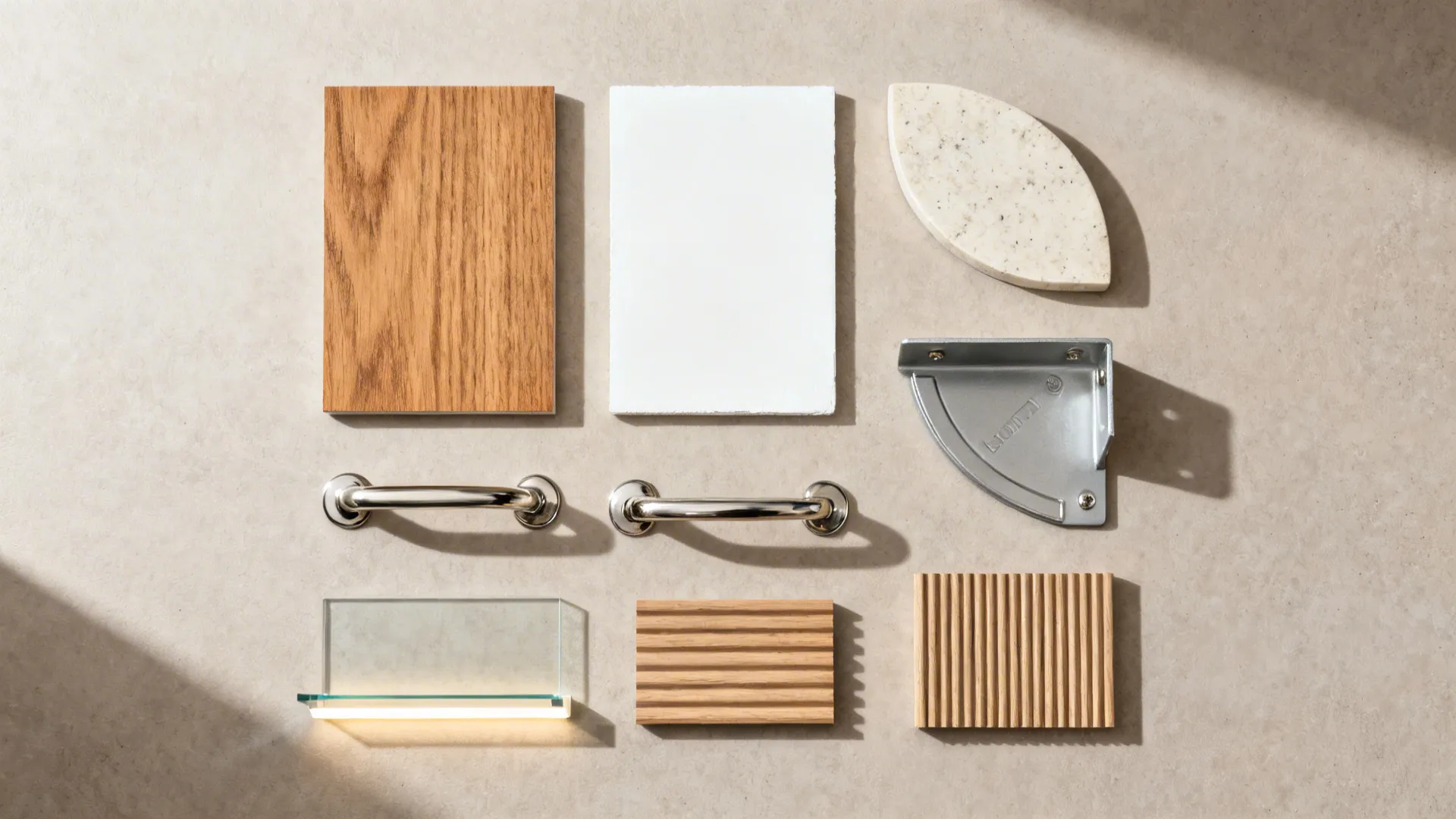 Flat lay of wood, white paint, stone, hardware, and corner cabinet components.