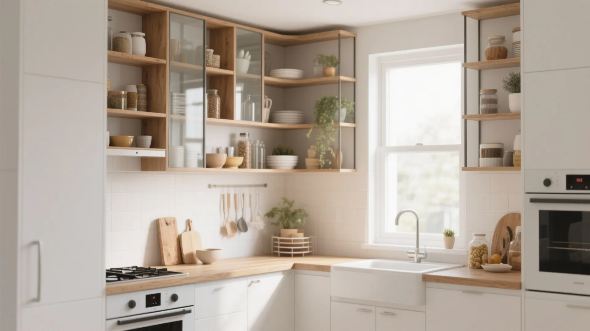 Modern white kitchen with wooden countertops open shelves glass cabinets sink and large bright windows