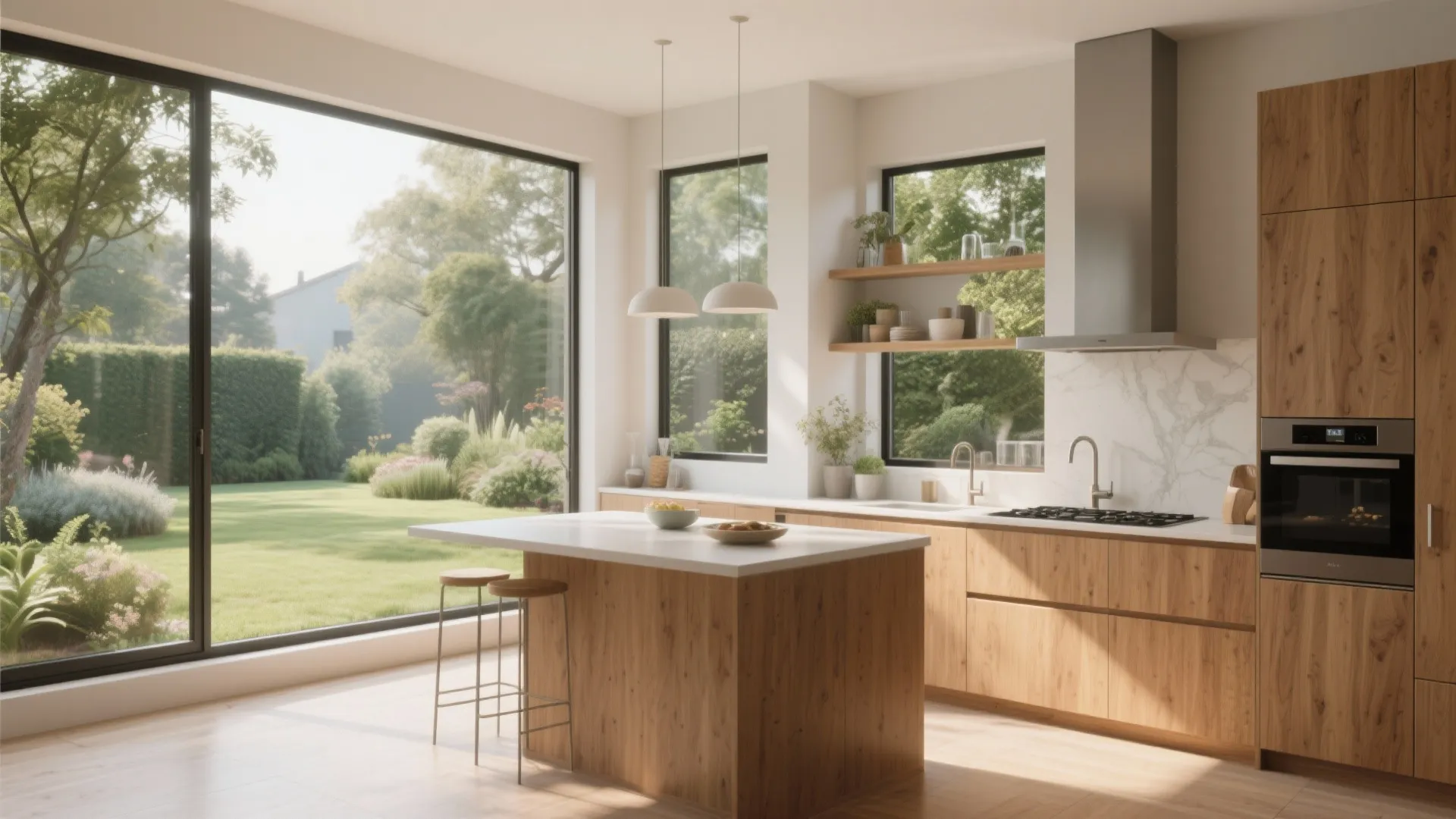 Modern kitchen with wooden island stools large window showing garden green grass and white ceiling light