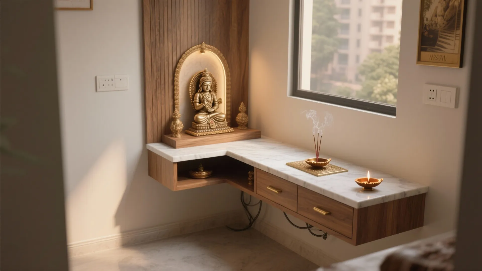 Corner L shaped marble cabinet with a gold statue and burning incense sticks near window