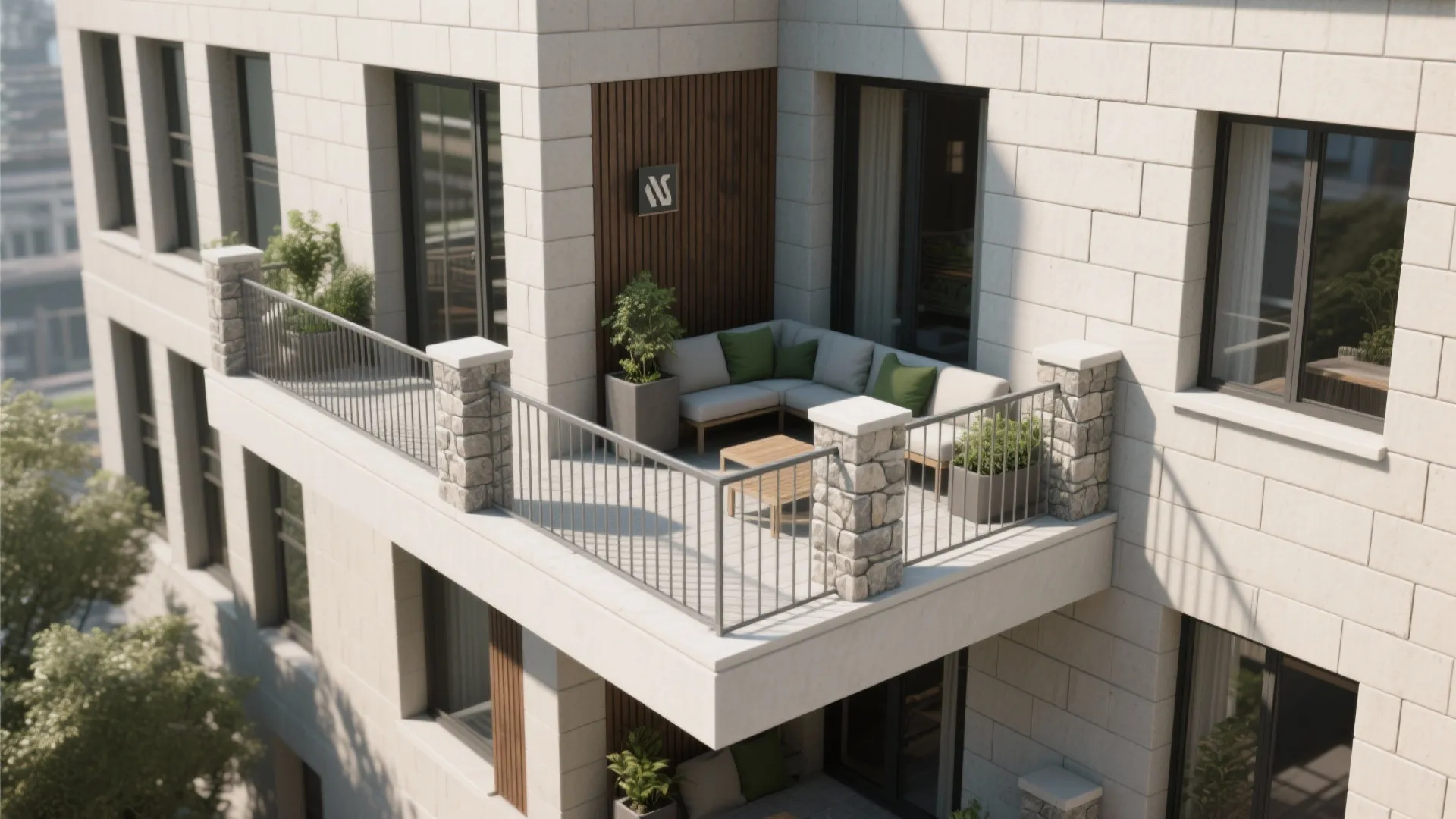 Modern corner balcony with grey sofa, green cushions, wooden coffee table, plants, and stone wall
