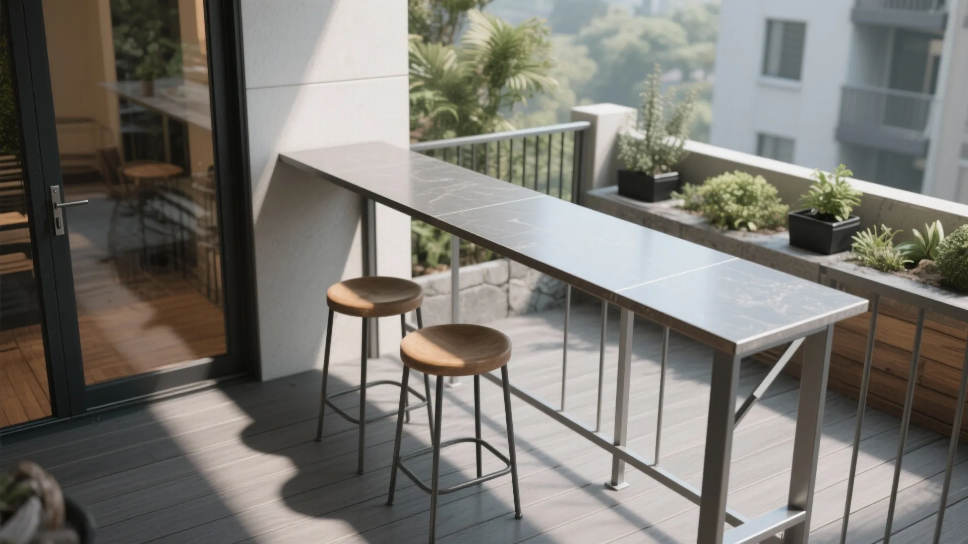 Modern balcony with long black marble bar table two wooden stools and green potted plants