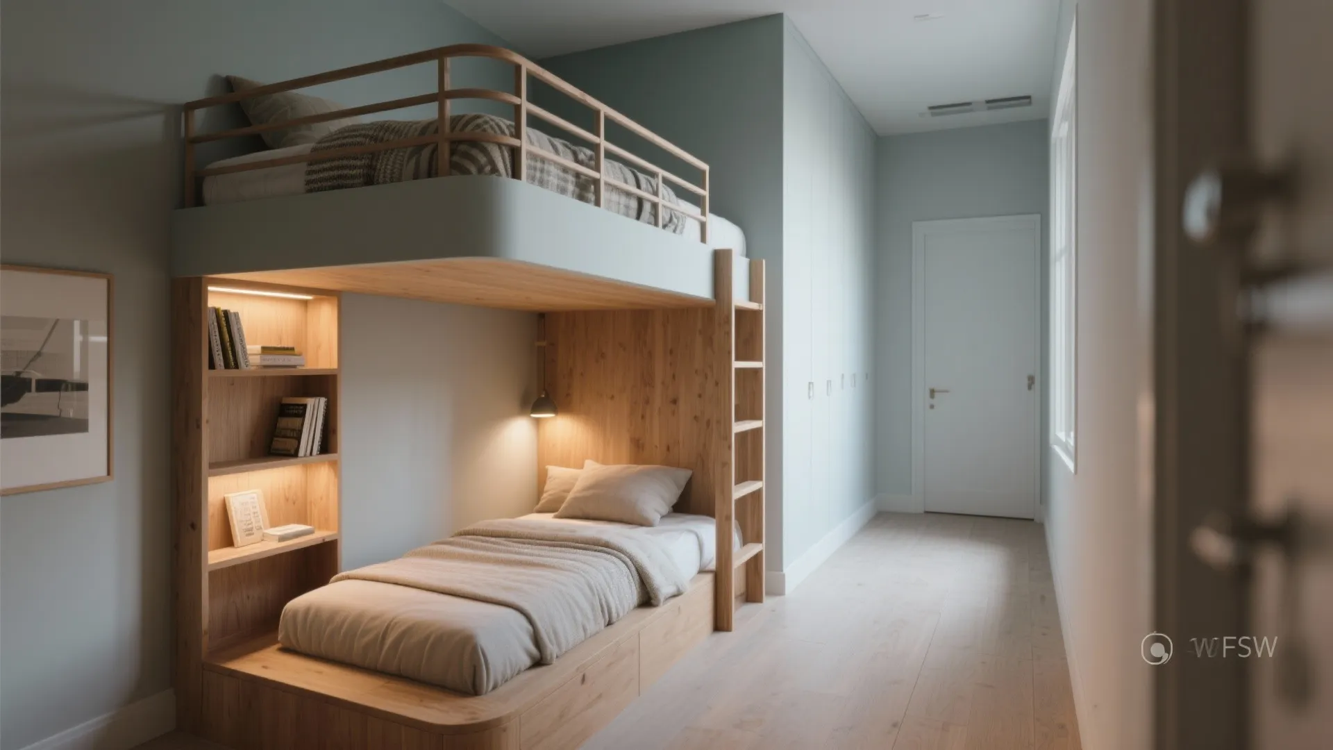 Minimalist wooden bunk bed with built in shelves in blue room with light wood floor