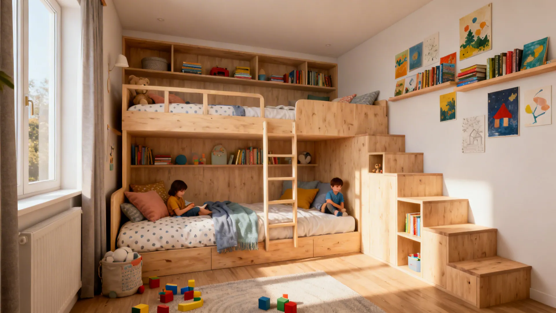 Corner L-shaped bunk bed freeing a full wall for bookshelf and art