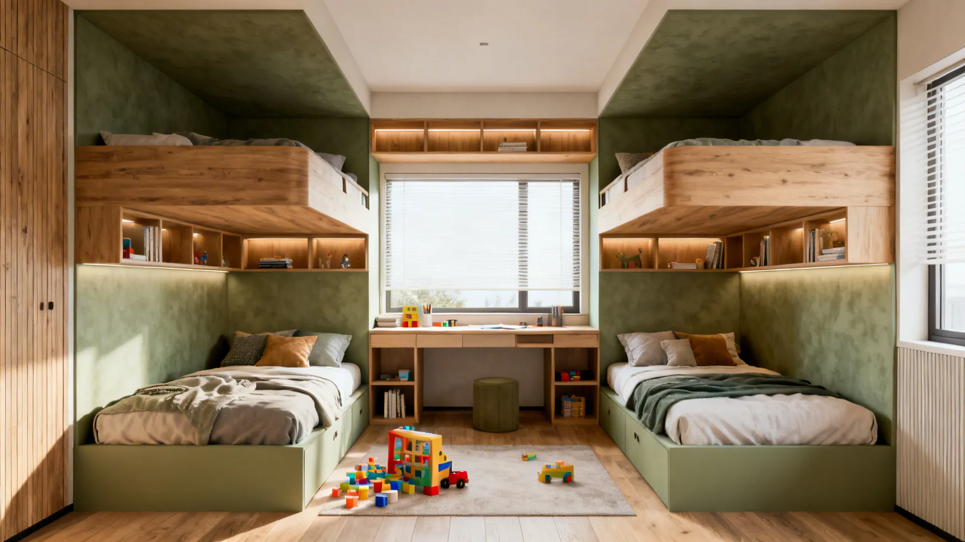 2. Corner L-shaped bunks to free floor space