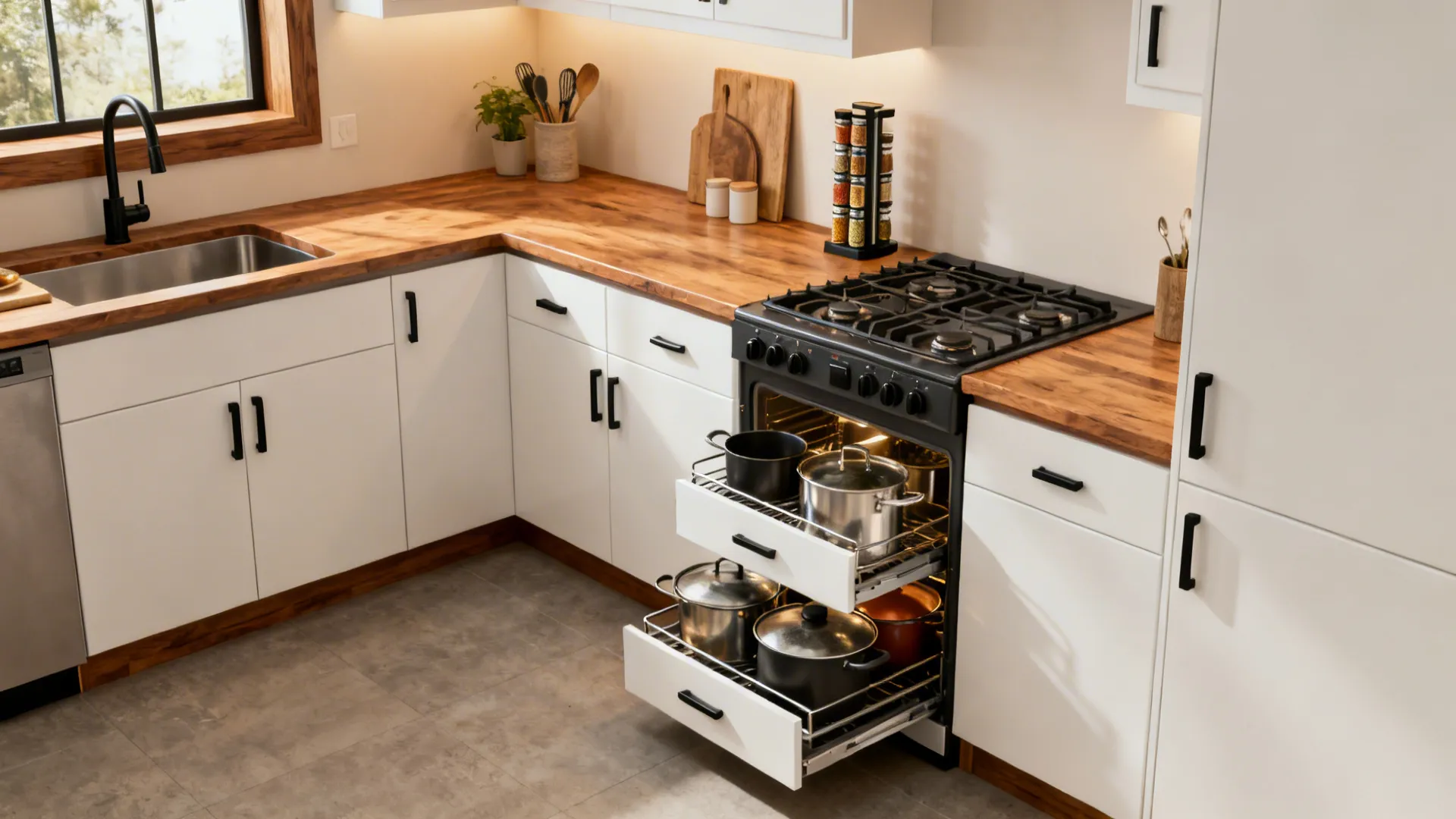 L-shaped kitchen with a pulled-out 3/4 carousel and a slim spice tower near the cooktop.