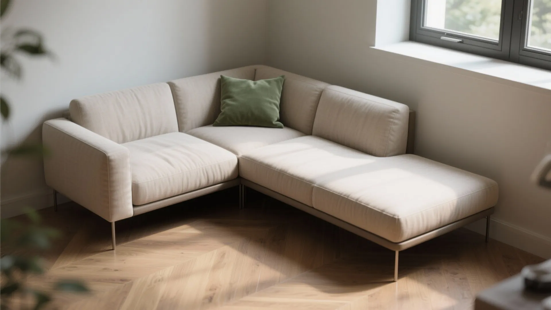 Beige corner sofa with green pillow on wooden floor in bright room with natural sunlight