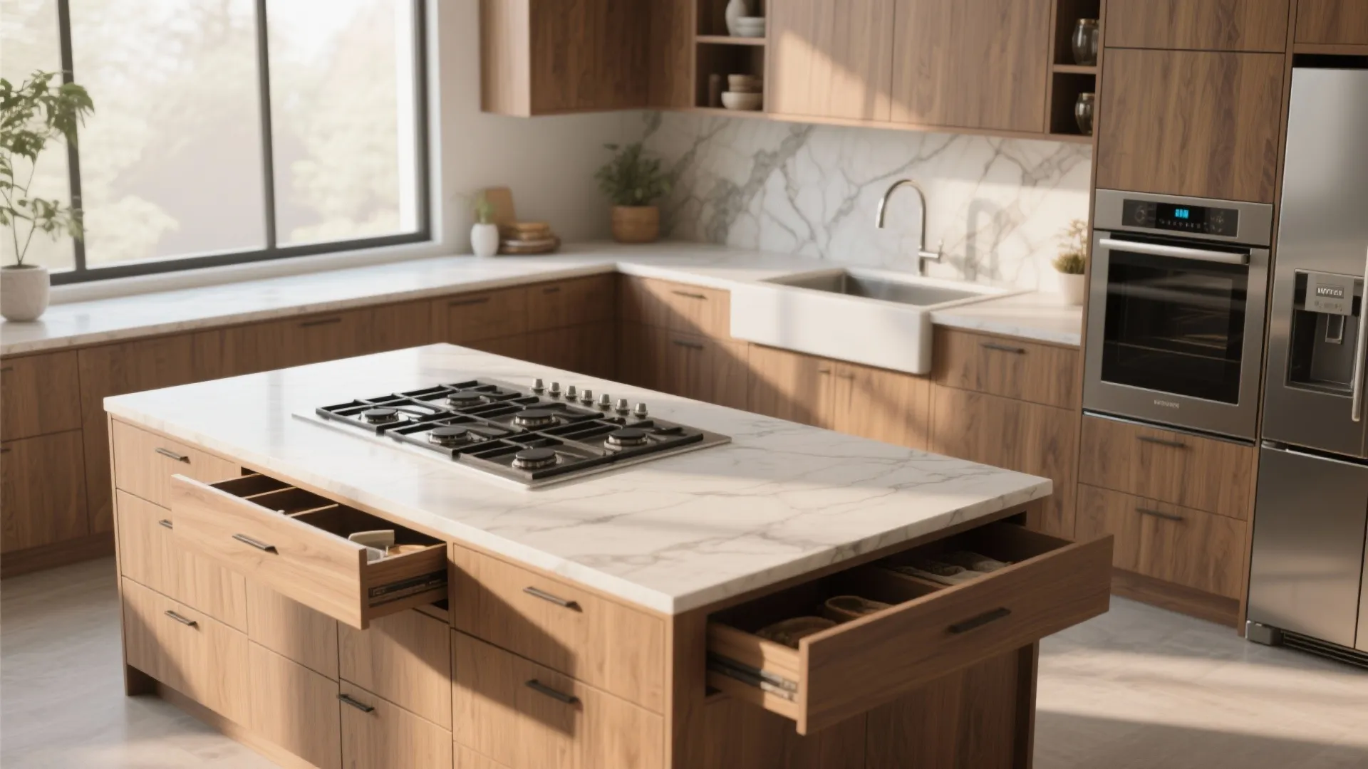 Corner island with an L-shaped cooktop placement maximizing counter space and ergonomic flow