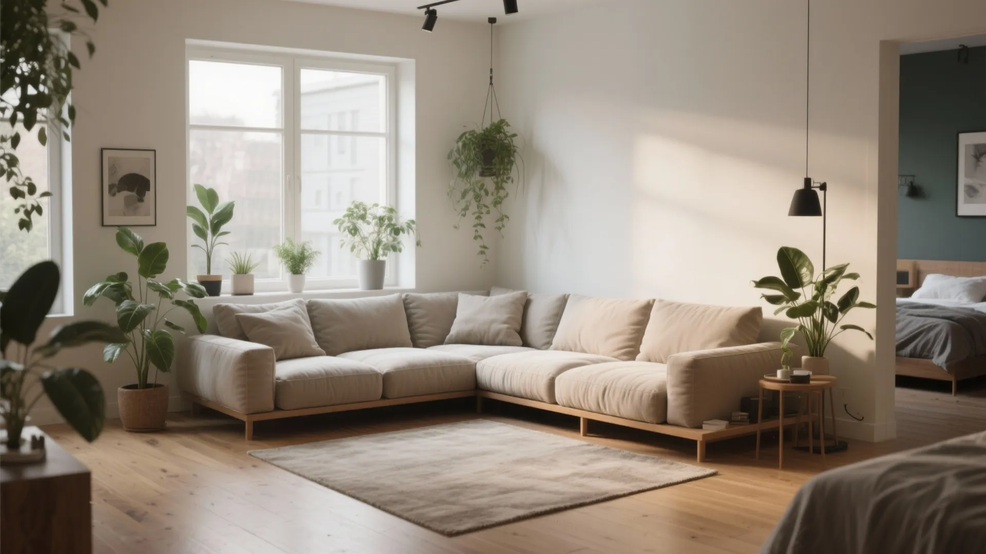 L-shaped corner daybed in an open-plan studio with modular cushions and plants separating zones.
