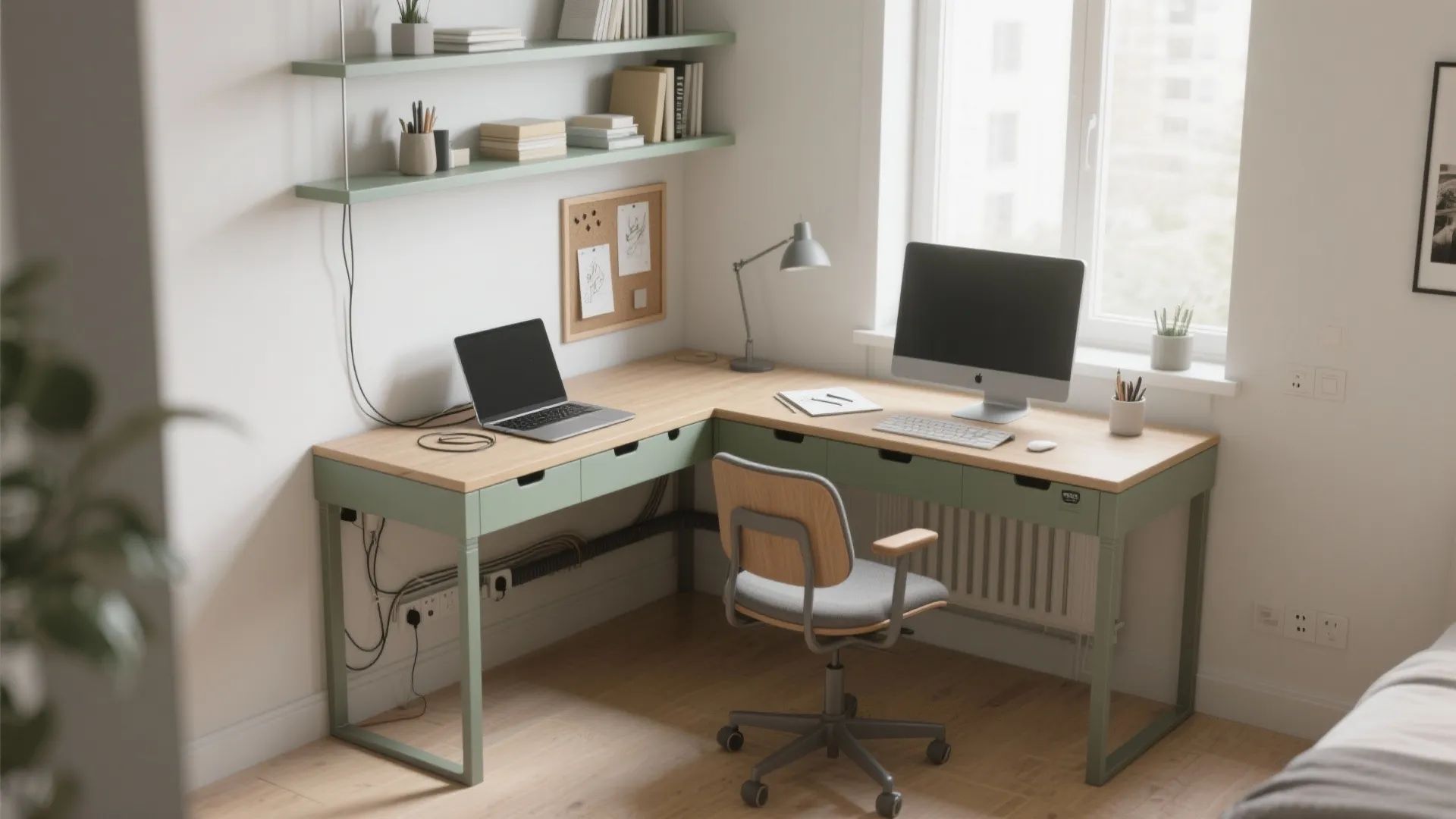 Modern L-shaped green desk with wooden top featuring laptop computer monitor chair and wall shelves