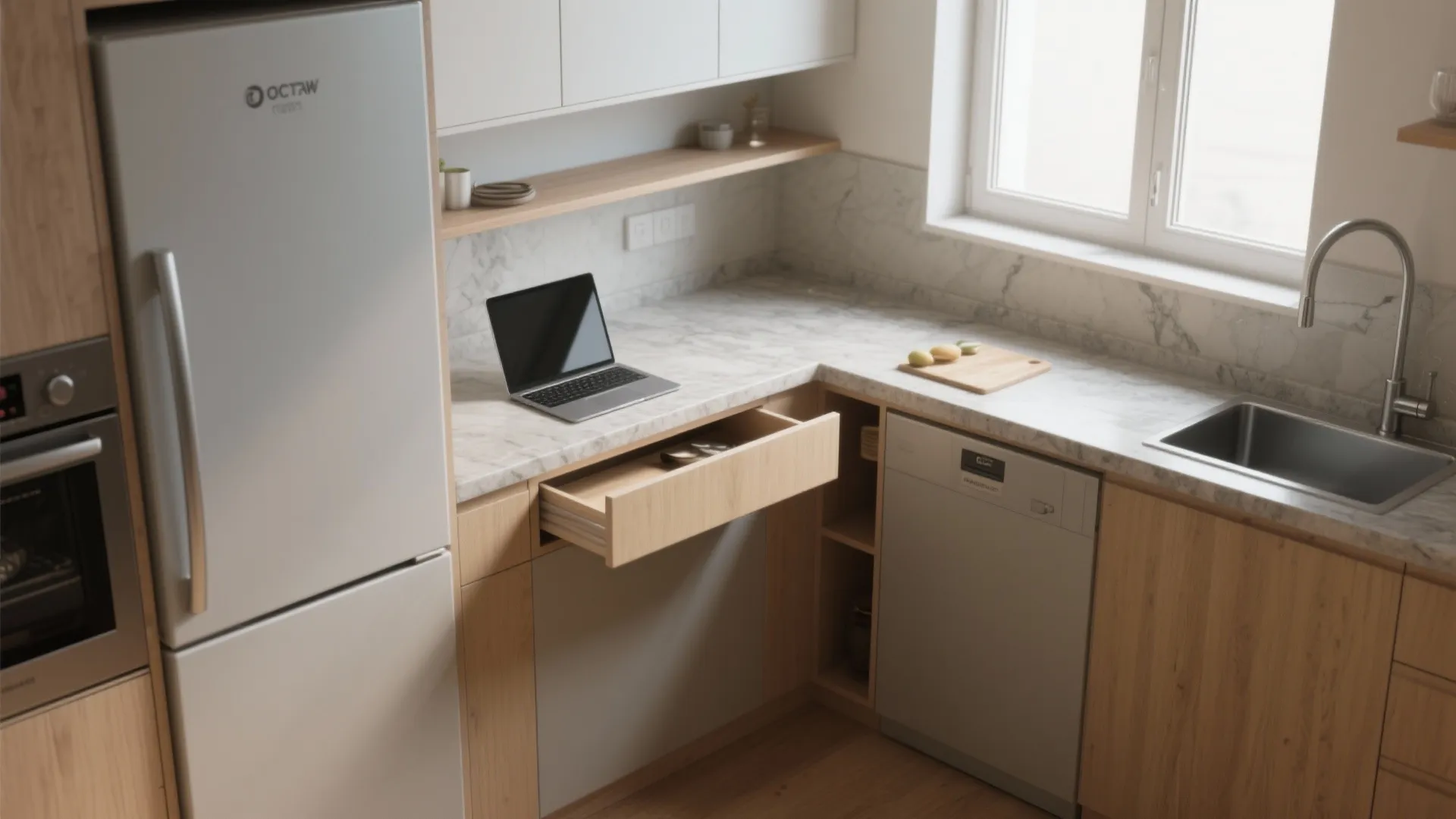 3. Corner L-Desk That Doubles as Prep Space