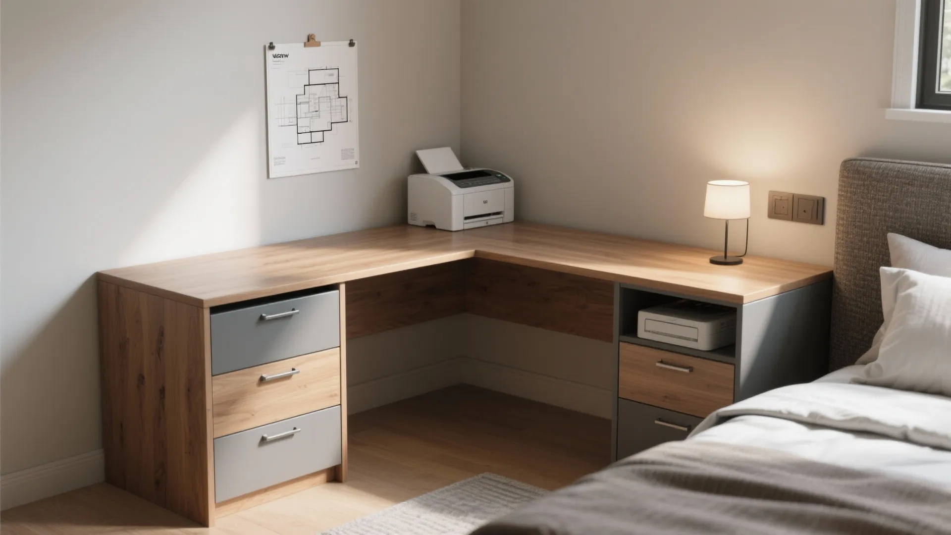 3. Corner L-shaped desk that hides storage