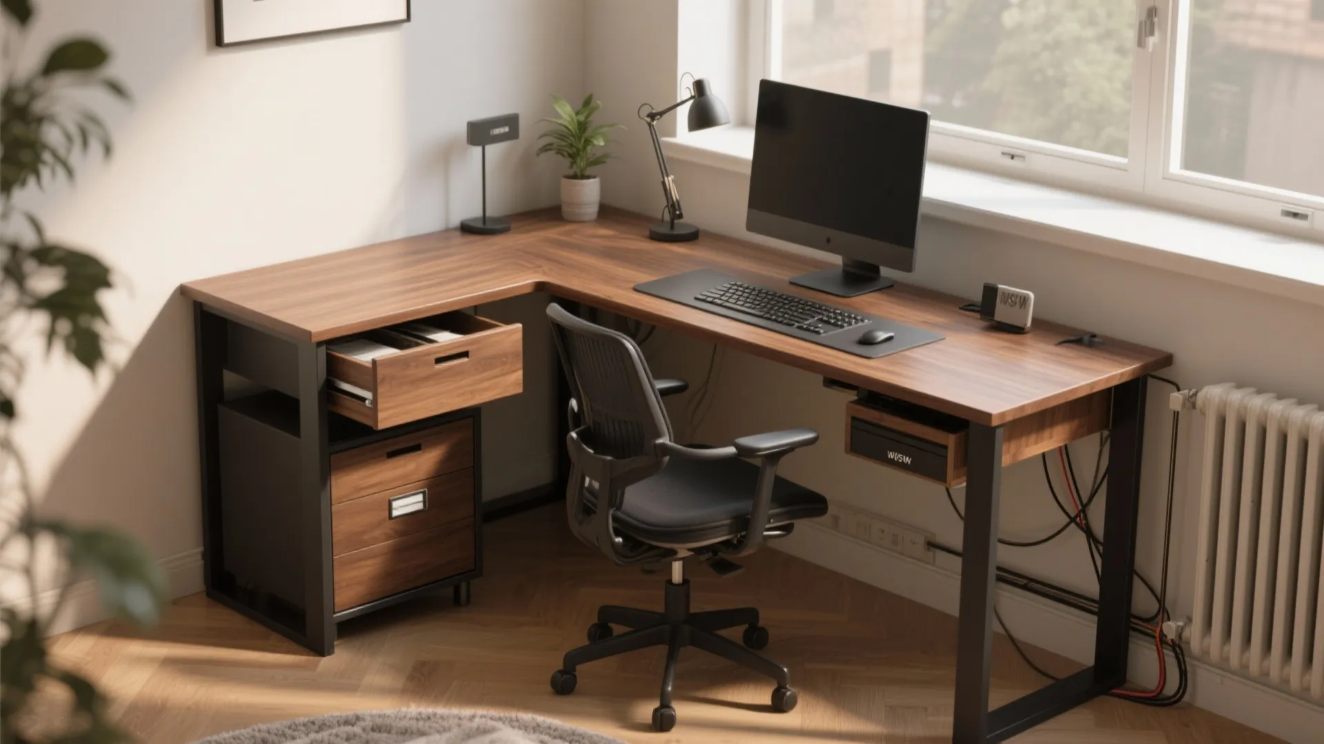 Corner L-shaped desk with under-desk drawers