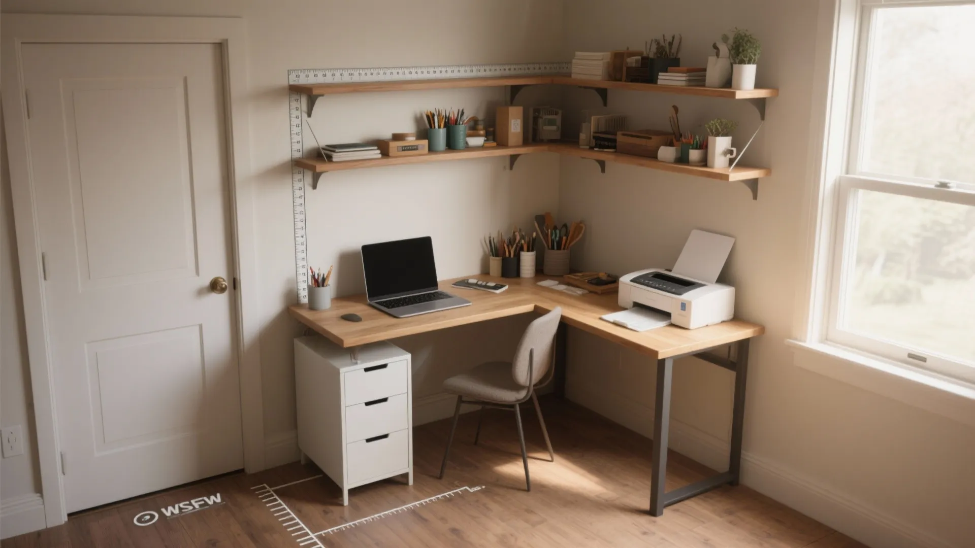 Compact L-shaped corner desk using an otherwise unused corner with two work faces and shelving.