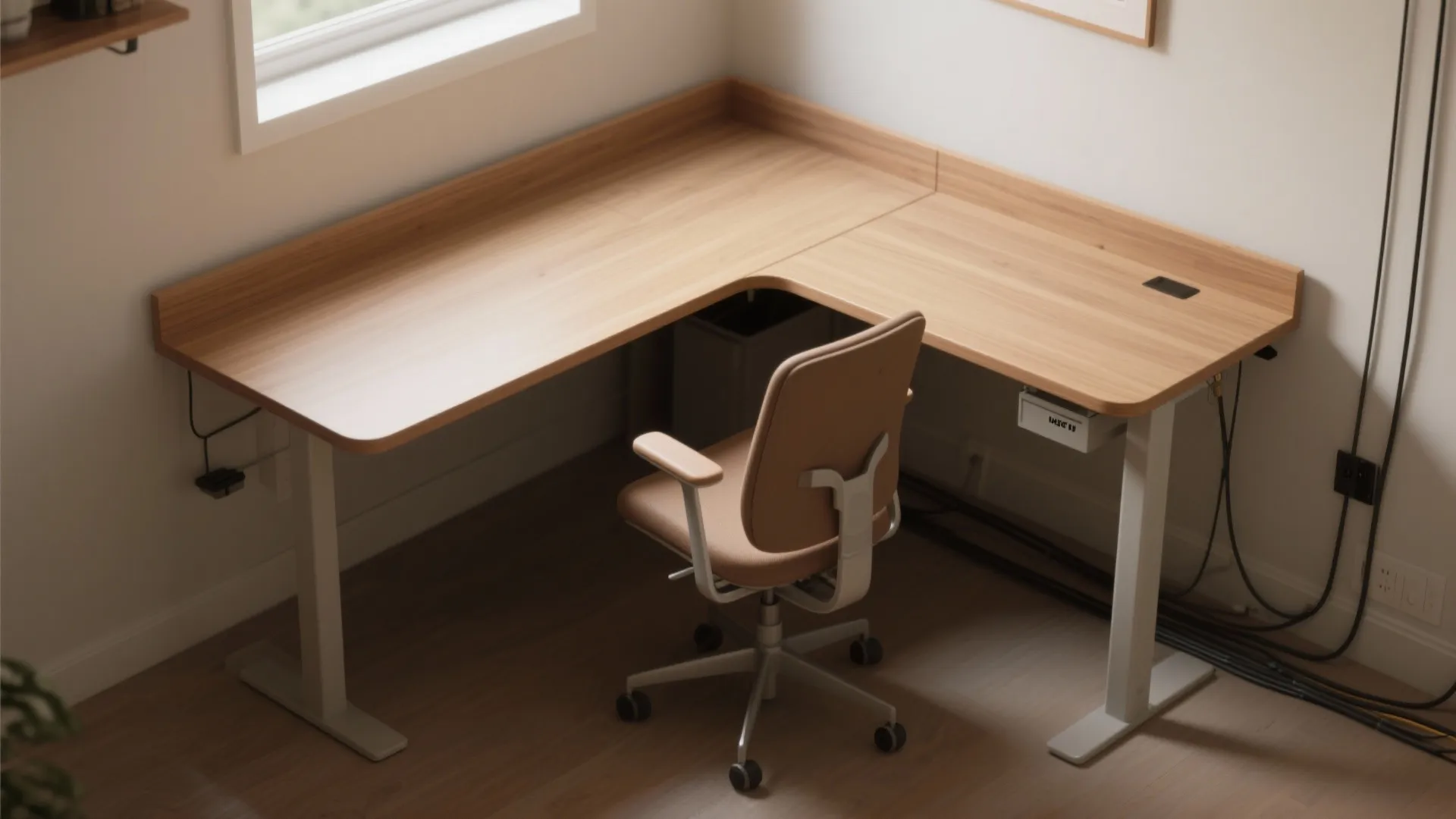 Modern wooden L shaped corner desk with a tan office chair and a white window frame