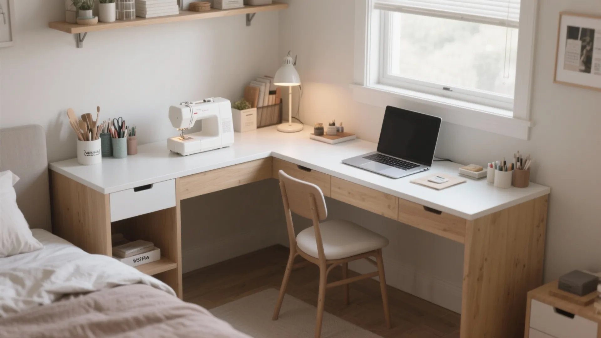 Corner L shaped wood desk with sewing machine and laptop under a bright window view