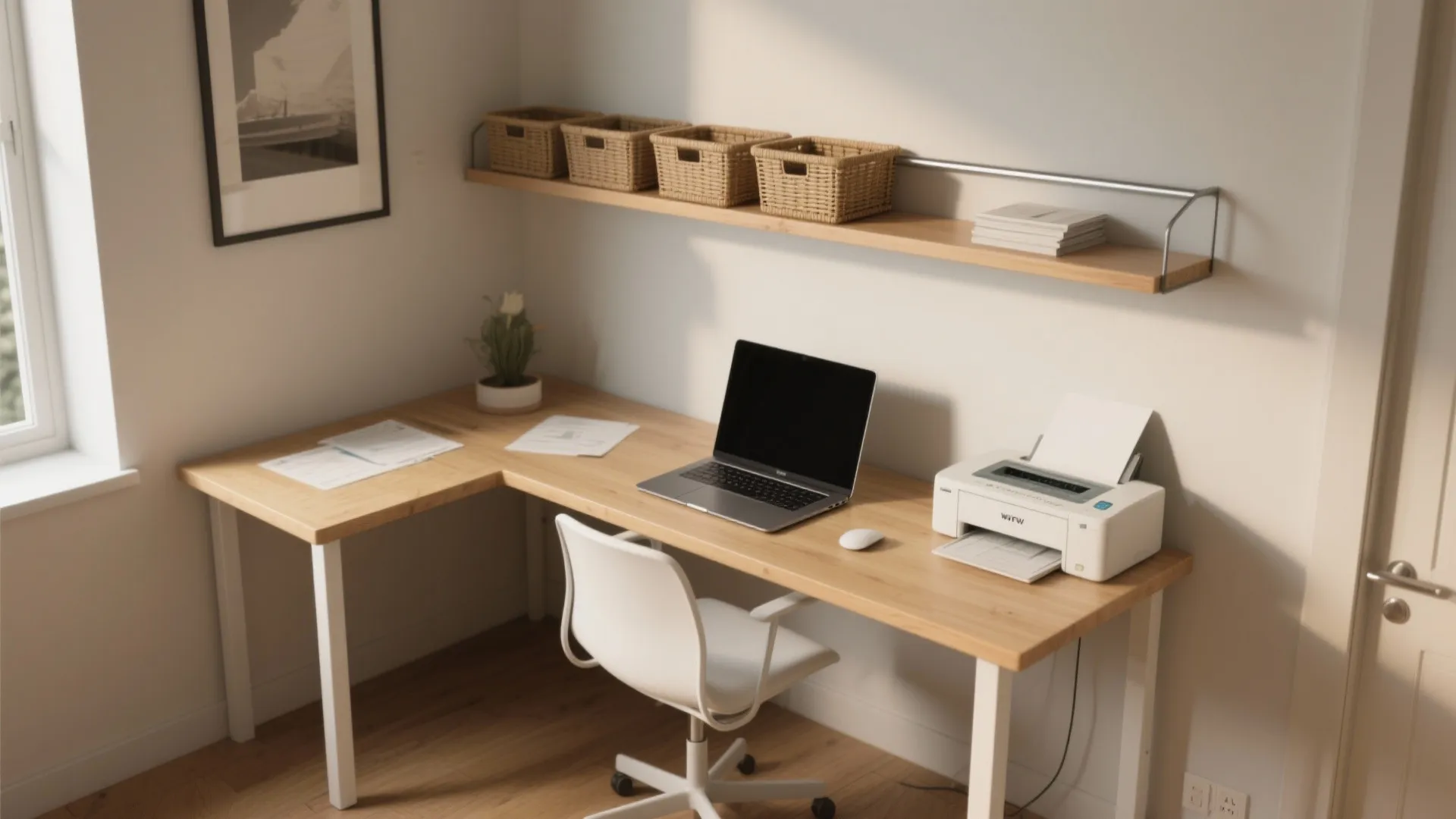 2. Corner L-shaped desk that hugs two walls