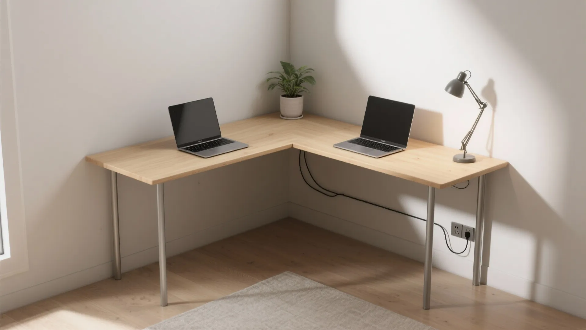 Minimalist wooden corner desk with two laptops table lamp small plant and light wood flooring