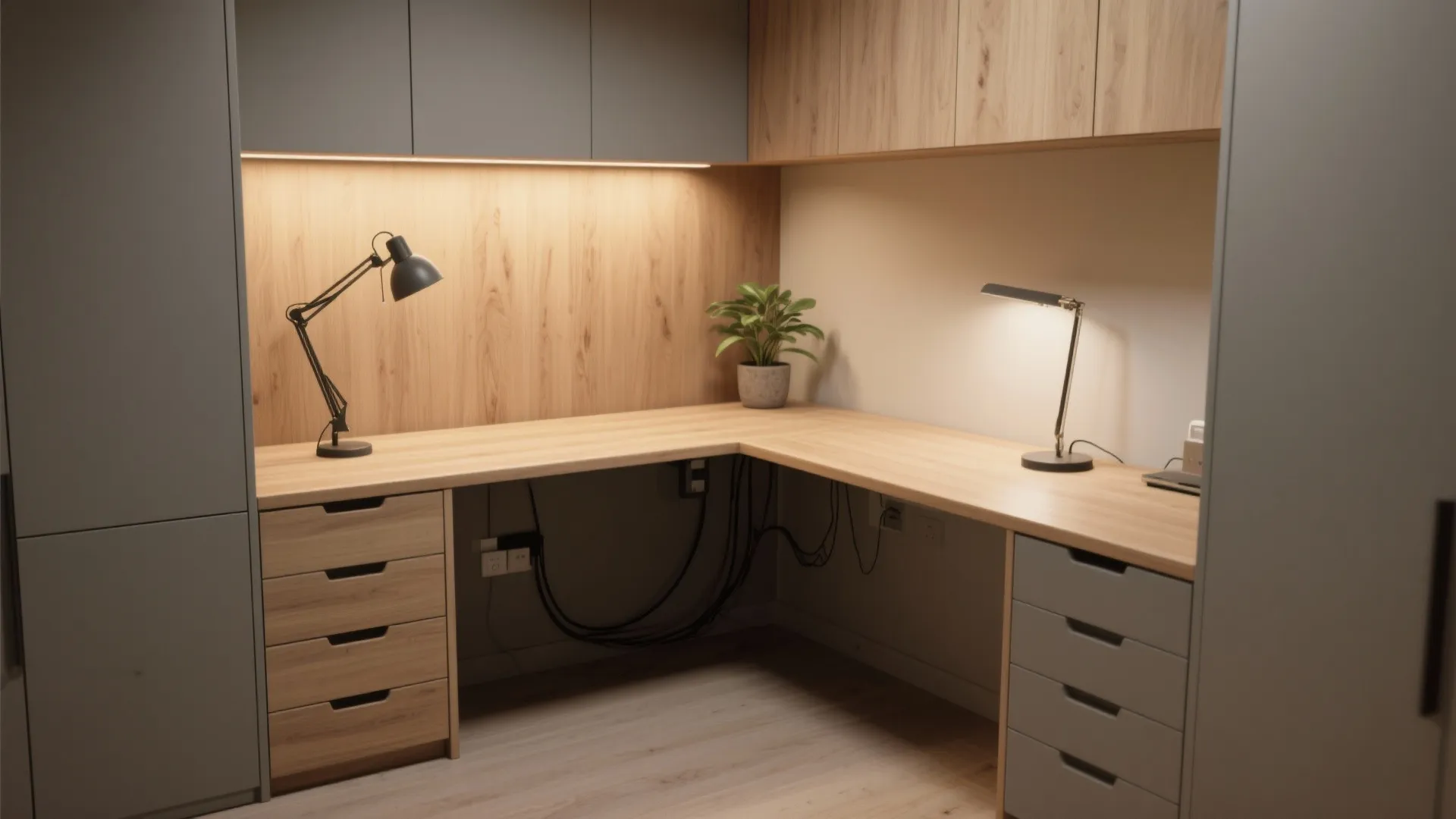 Corner L shaped wooden desk with grey drawers desk lamps and plant under wall cabinets