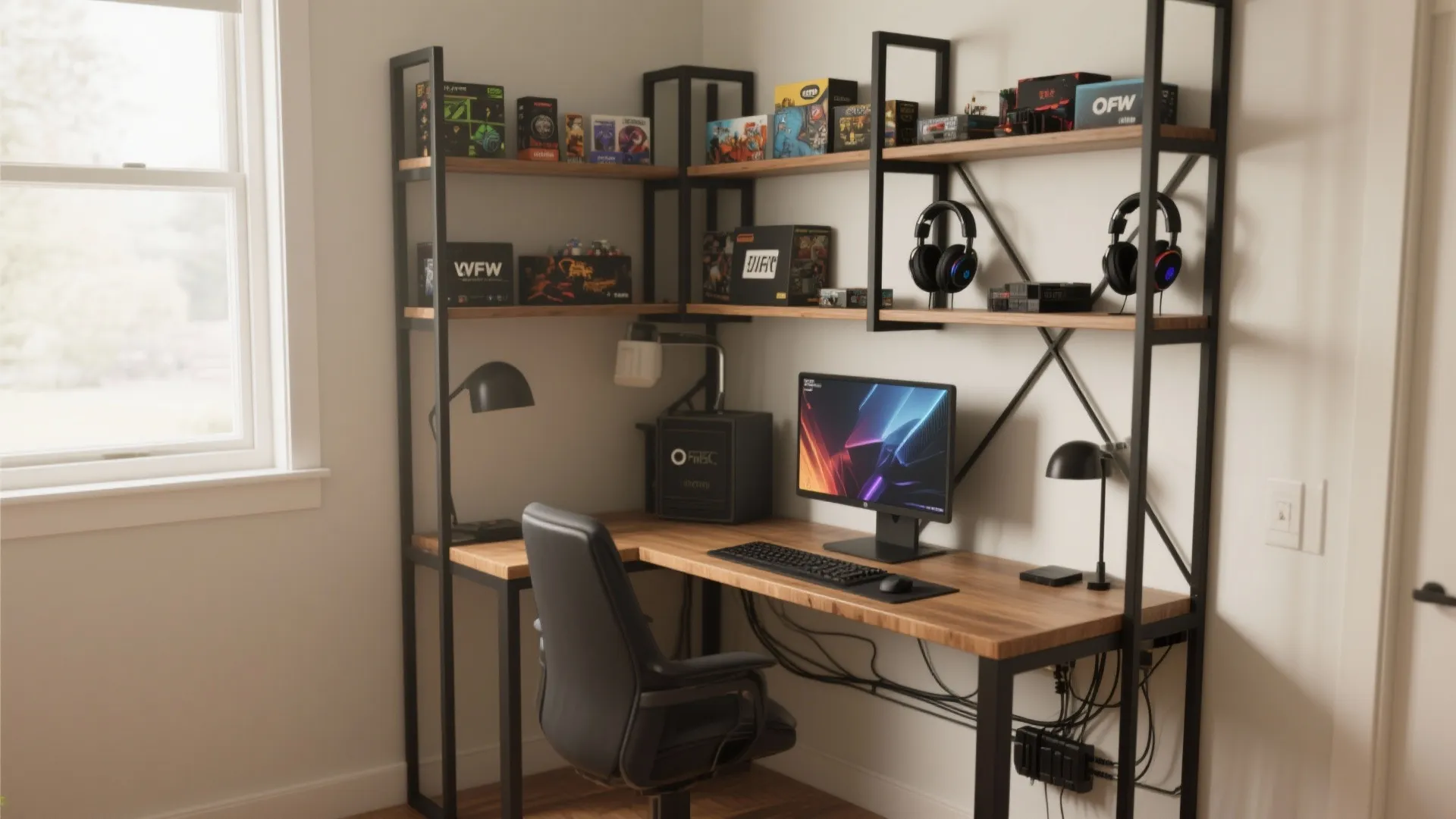 Corner L-shaped micro-desk with vertical shelves for games and headsets, tidy cable routing.