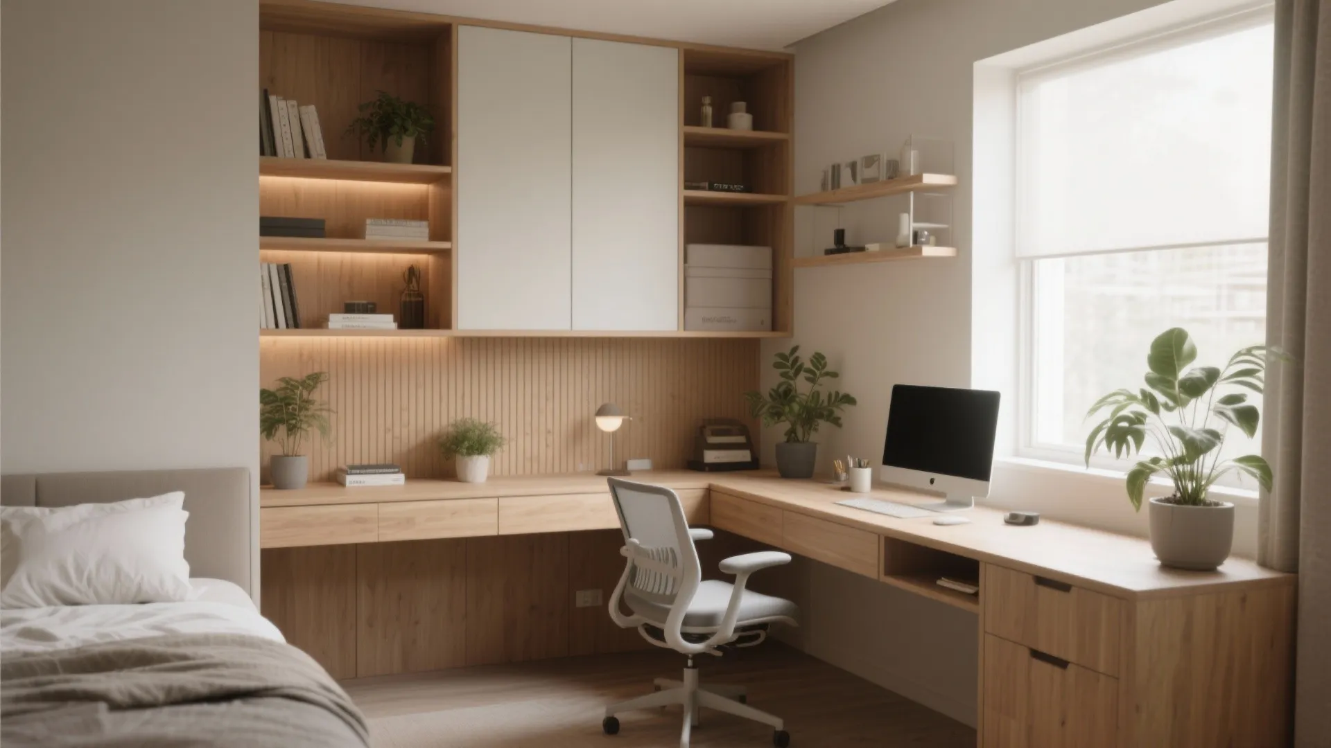 Built-in L-shaped corner desk in a studio bedroom creating separate sleep and work zones with coordinated shelving.