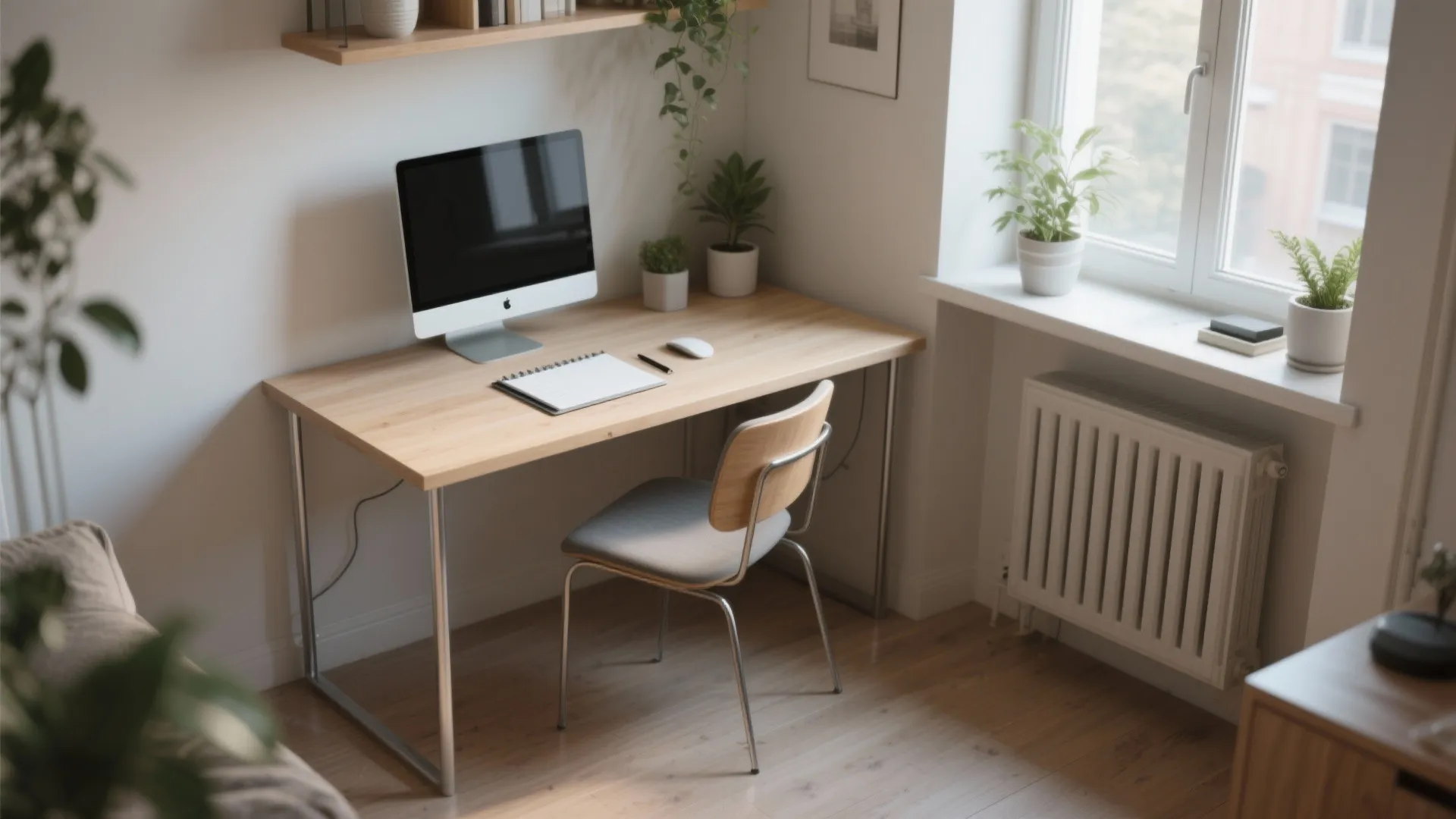 Simple wooden desk with metal legs a computer and chair placed near a bright window