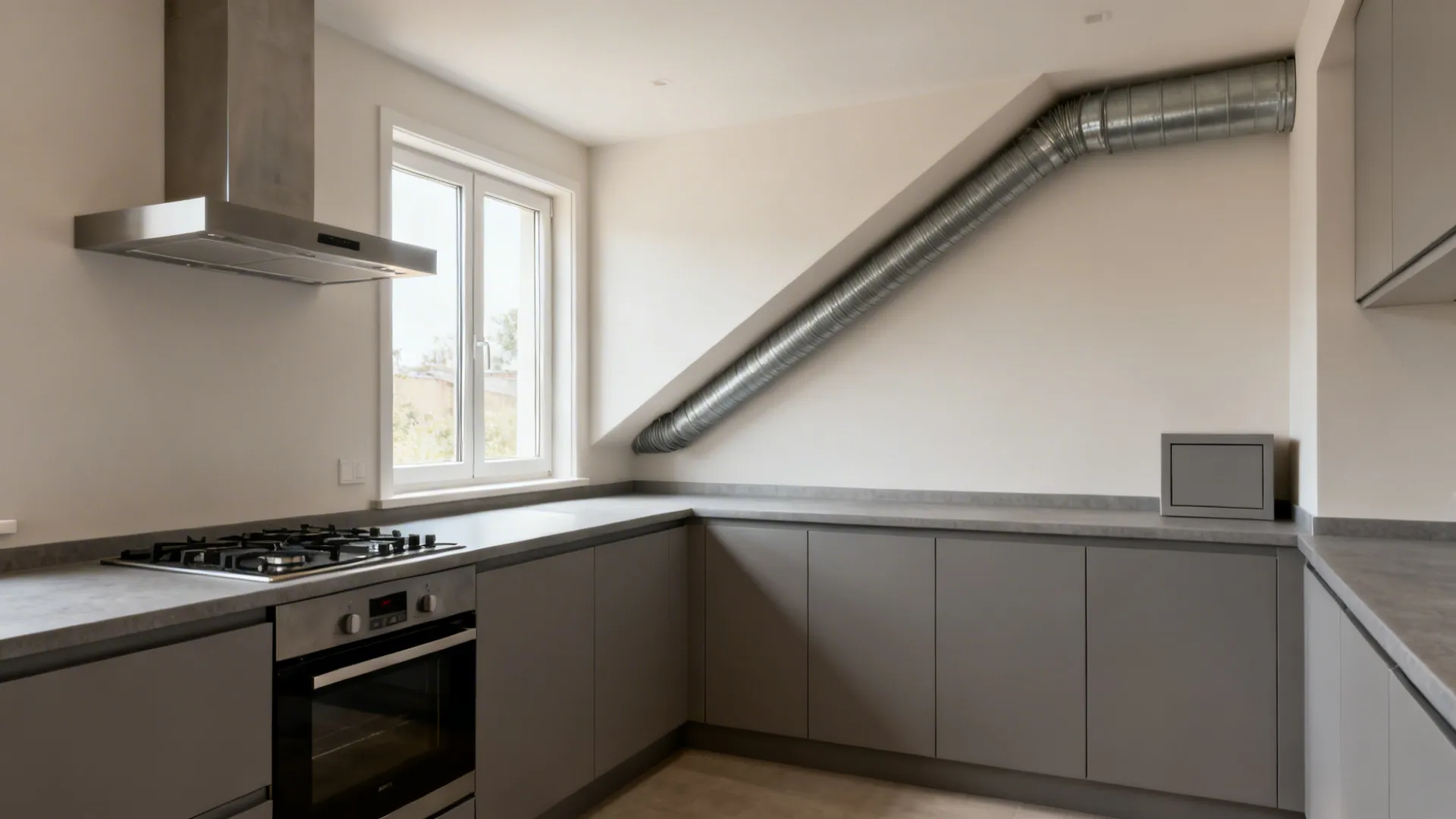 Corner L-shaped kitchen with hood and a neat diagonal duct near a window.
