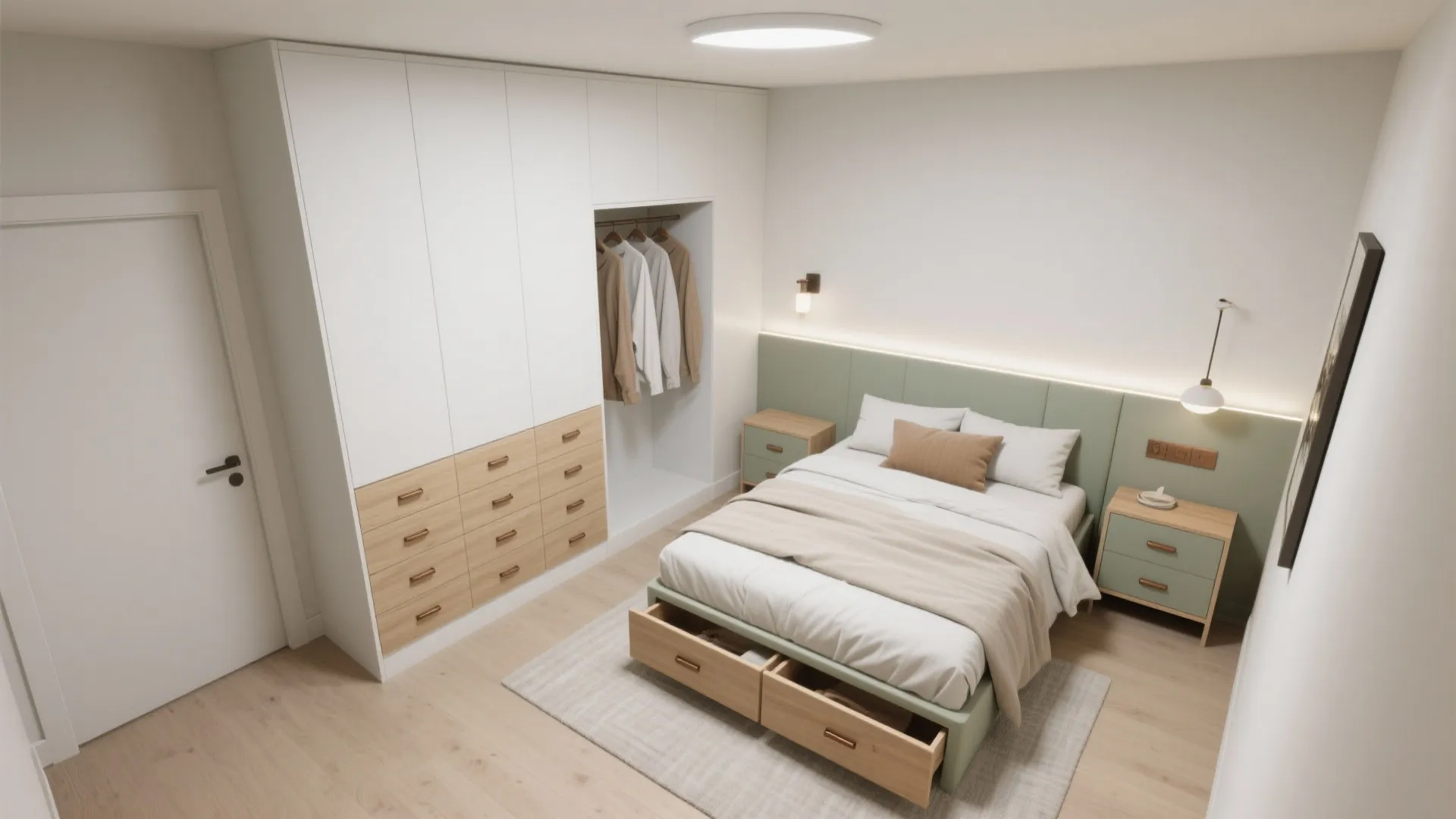 Top-down small bedroom with L-shaped storage: hanging on one wall and narrow dresser on the other, clear circulation space.