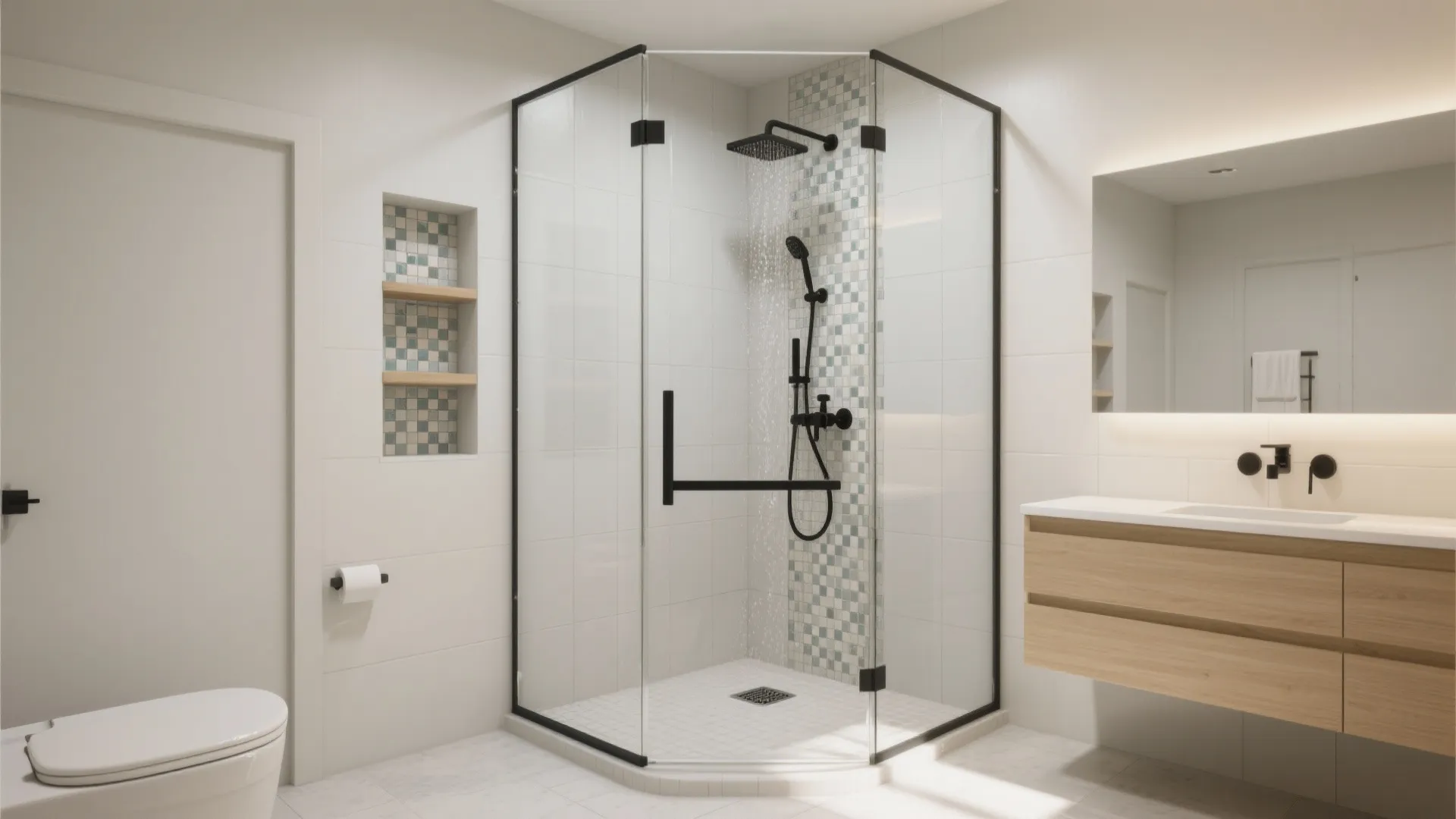 3) Corner Saver: L-Shaped Glass and Built-In Niche Storage