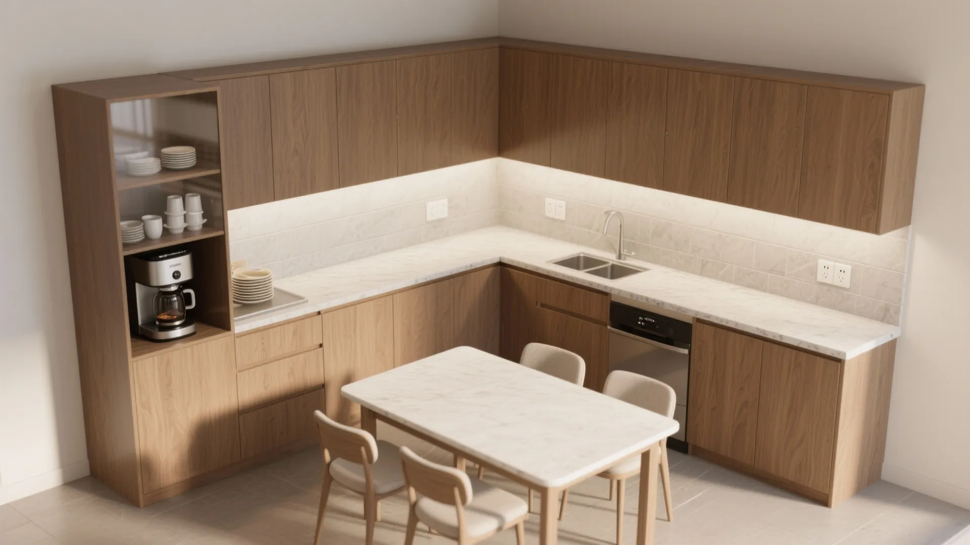 Corner and L-shaped dining hutch that doubles as a serving station