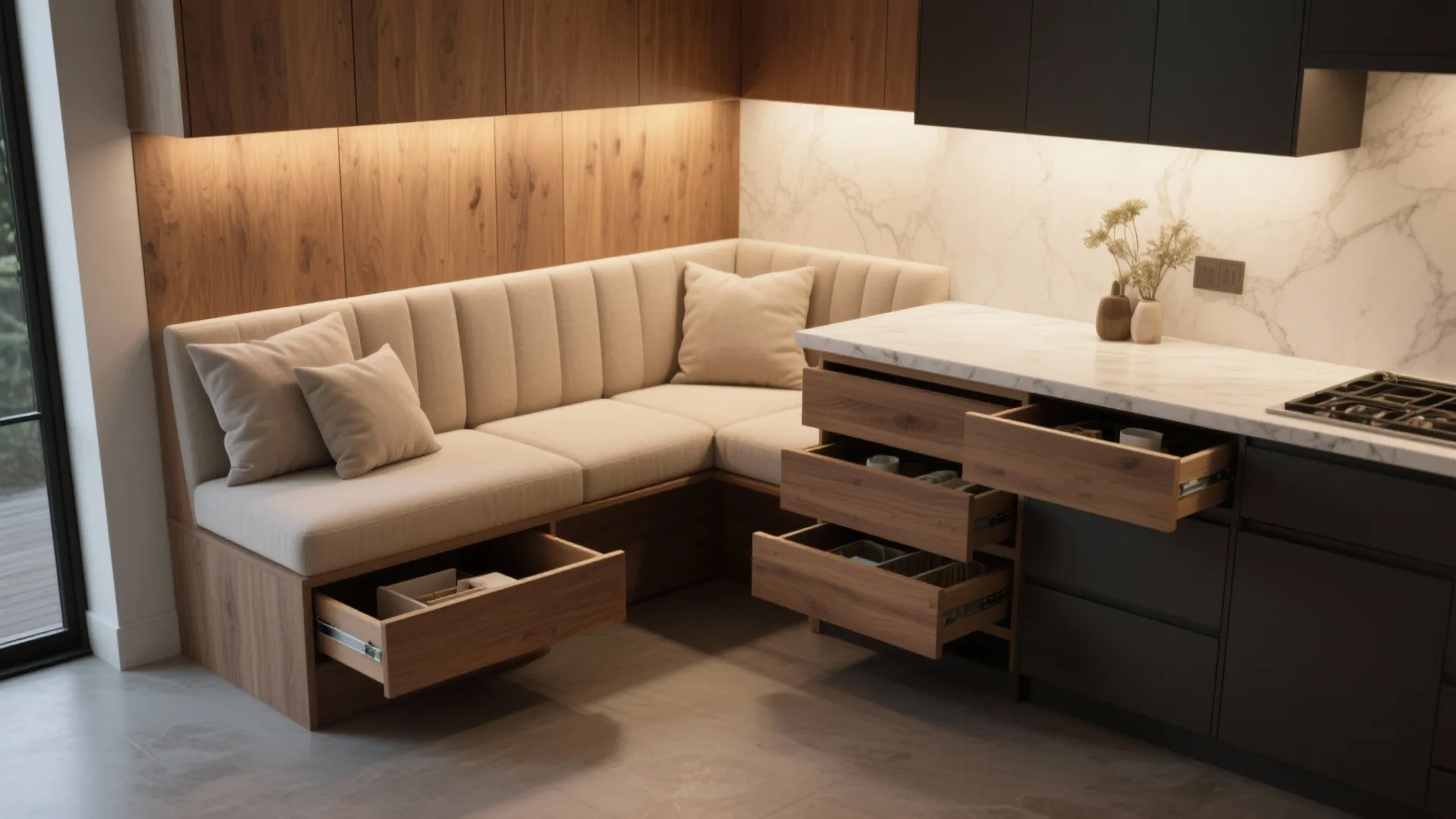 5. Corner L-shaped island with storage bench