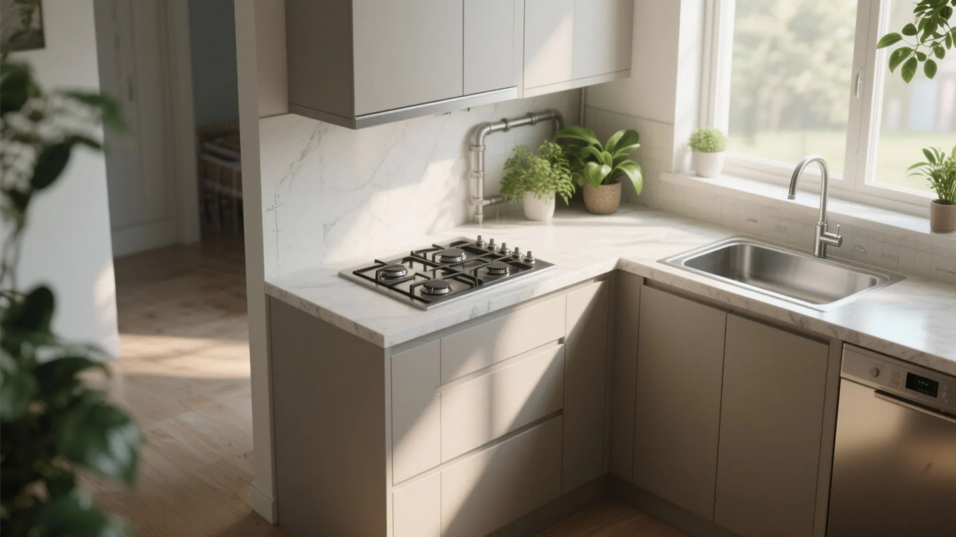 L-shaped mini-island with a small cooktop on one arm and a prep sink on the other in a compact kitchen.