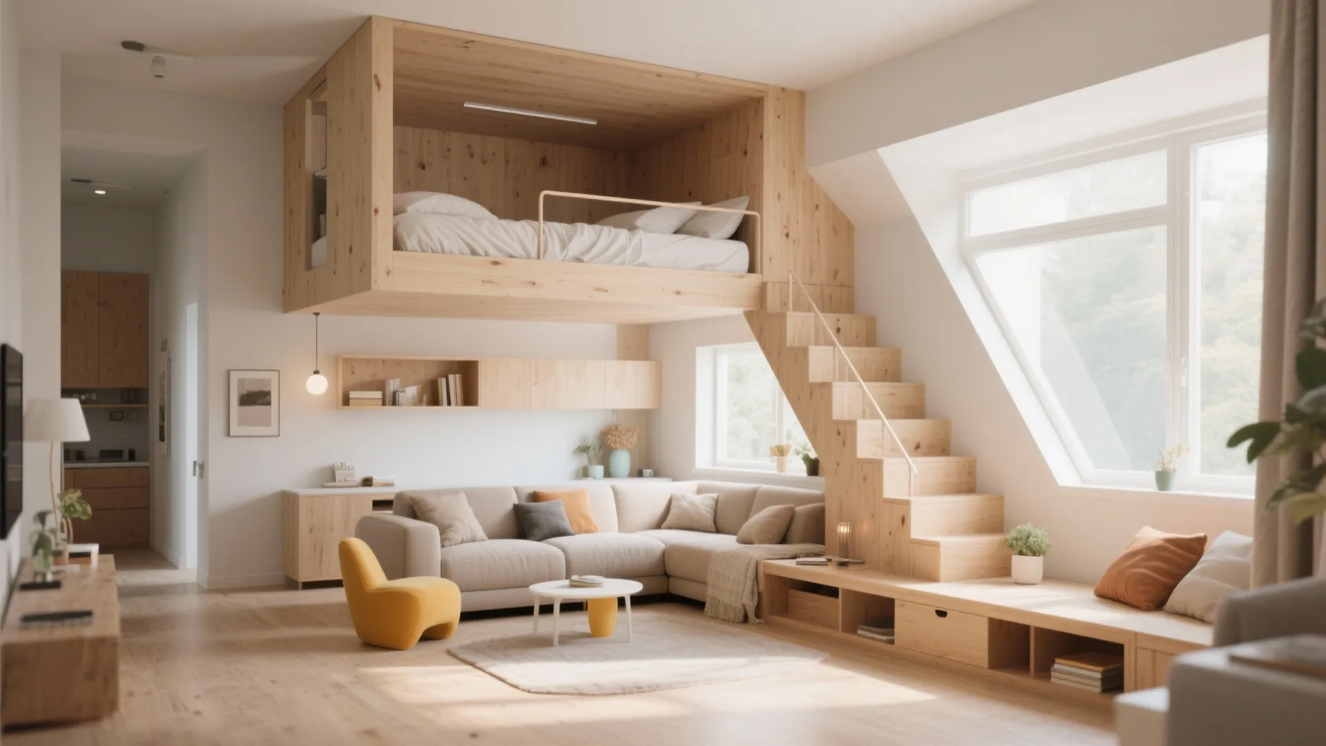 Modern living room featuring wooden loft bed above beige sofa with stairs and large windows