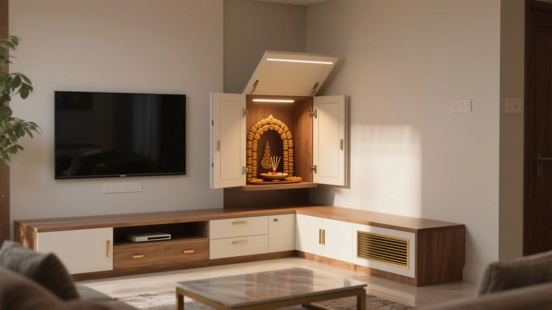 Corner Mandir Integrated into a L-Shaped TV Console