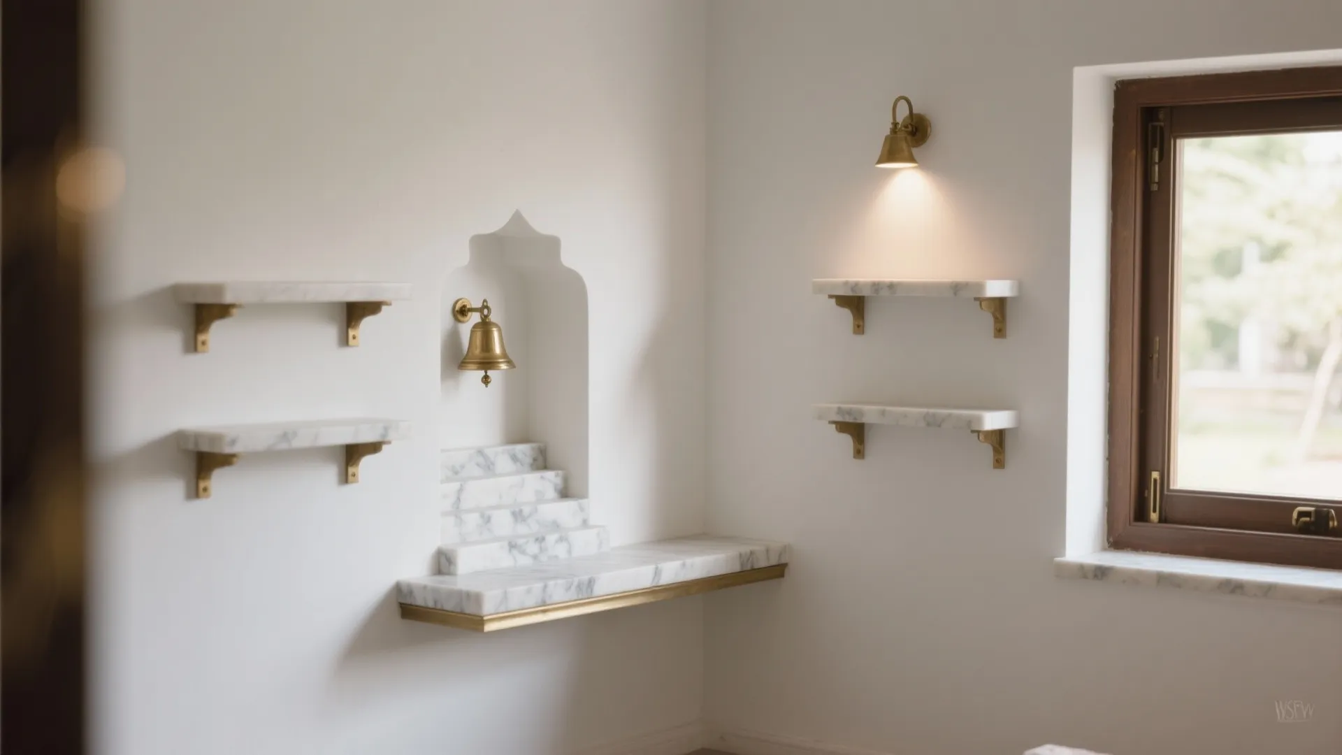 Corner prayer space with white marble shelves brass bell wall lights and wooden window frame