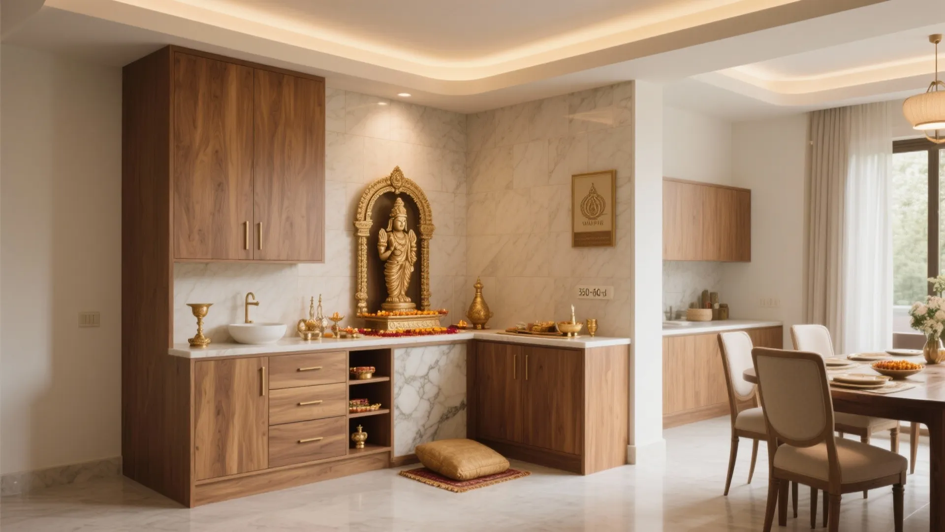 Corner prayer area with wooden cabinets marble walls gold statue and a nearby dining table