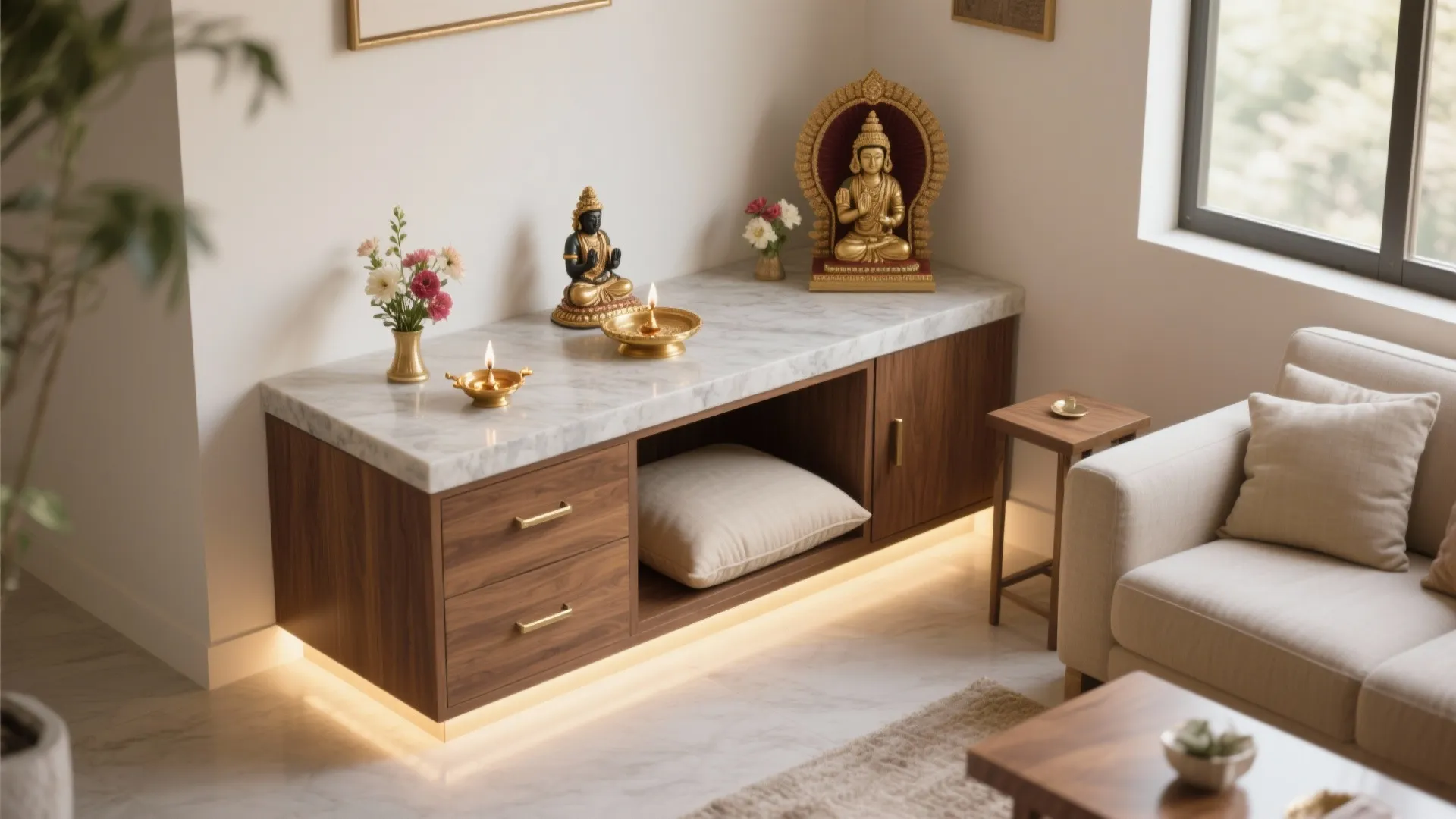 Corner Mandir with L-Shaped Base and Hidden Storage