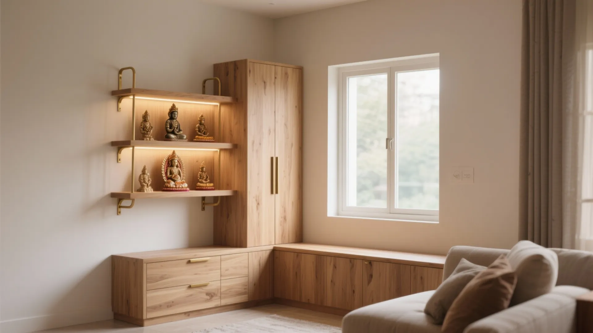 Corner-integrated L-shaped pooja unit